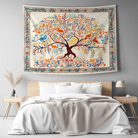 Colorful Tree of Life Tapestry Wall Hanging with Floral & Birds Design, Boho Home Decor, Nature-Inspired Art, Bedroom Living Room Accent