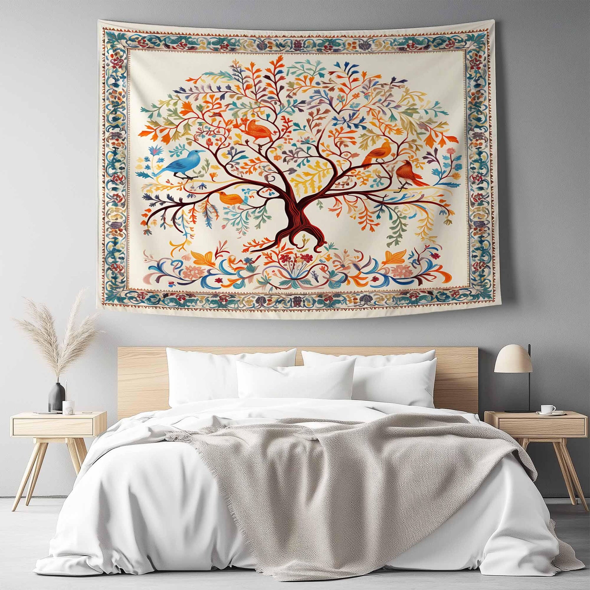 Colorful Tree of Life Tapestry Wall Hanging with Floral & Birds Design, Boho Home Decor, Nature-Inspired Art, Bedroom Living Room Accent