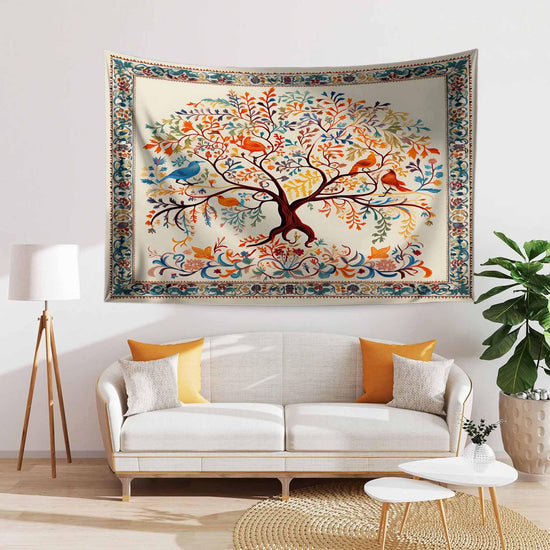 Colorful Tree of Life Tapestry Wall Hanging with Floral & Birds Design, Boho Home Decor, Nature-Inspired Art, Bedroom Living Room Accent