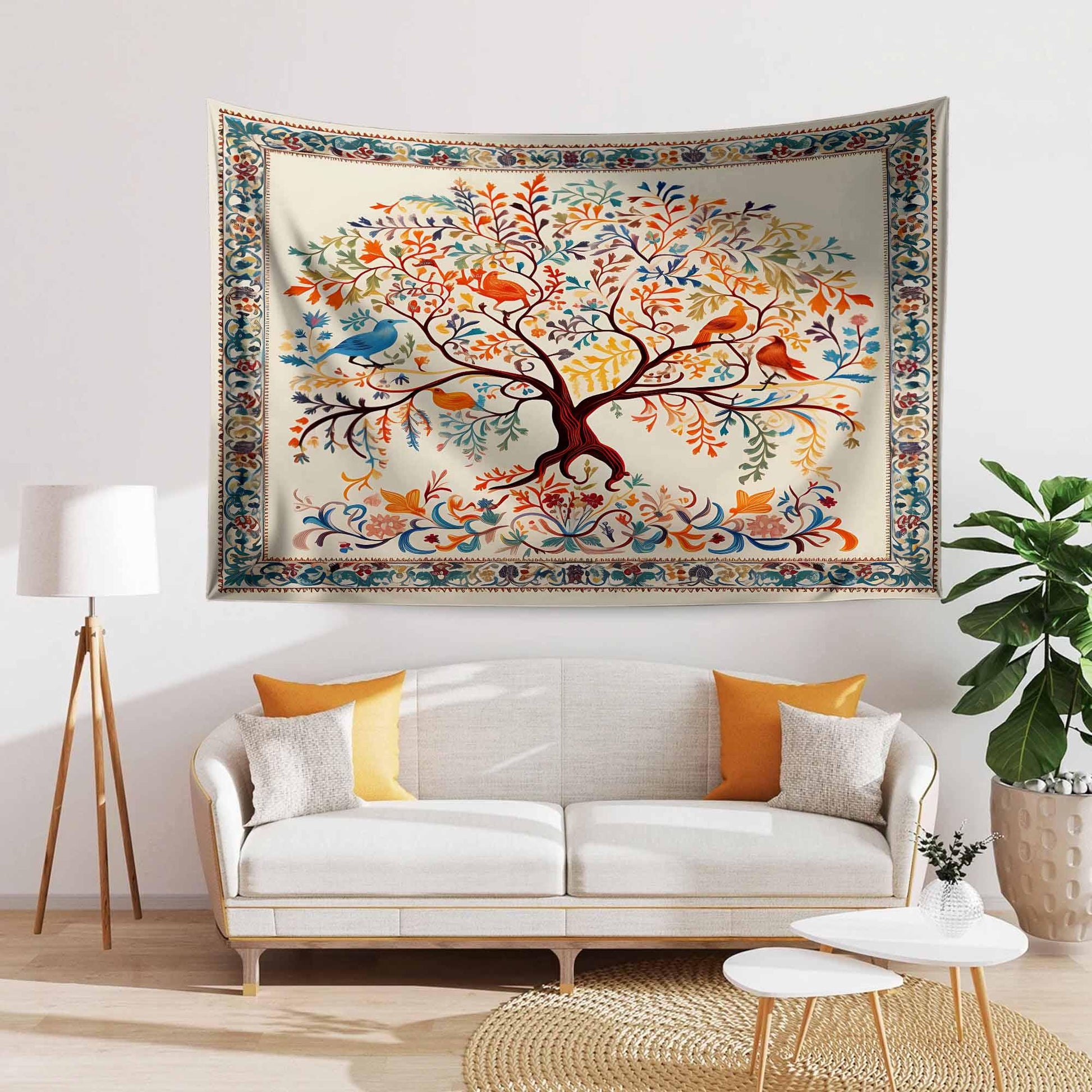 Colorful Tree of Life Tapestry Wall Hanging with Floral & Birds Design, Boho Home Decor, Nature-Inspired Art, Bedroom Living Room Accent