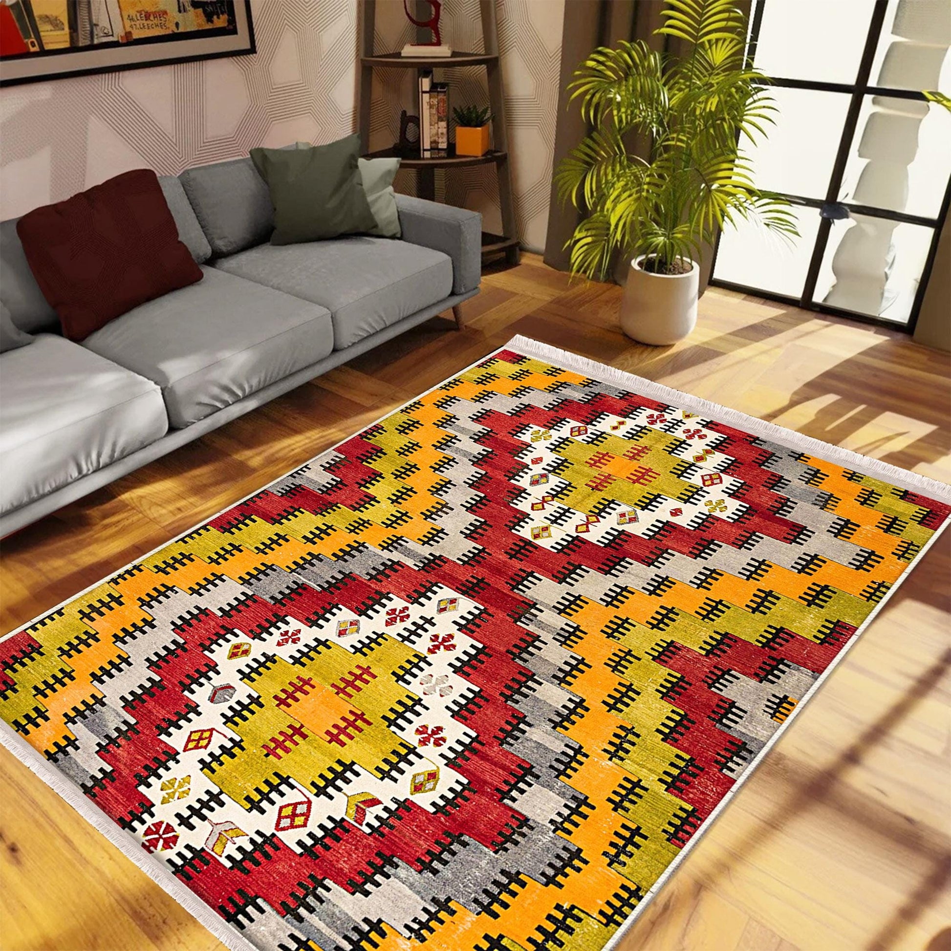Authentic Ethnic Retro Persian Anatolian Turkish Kilim Area Rug, Washable Non Slip Living Room Rugs with pillow case gift, Brown Retro Rug