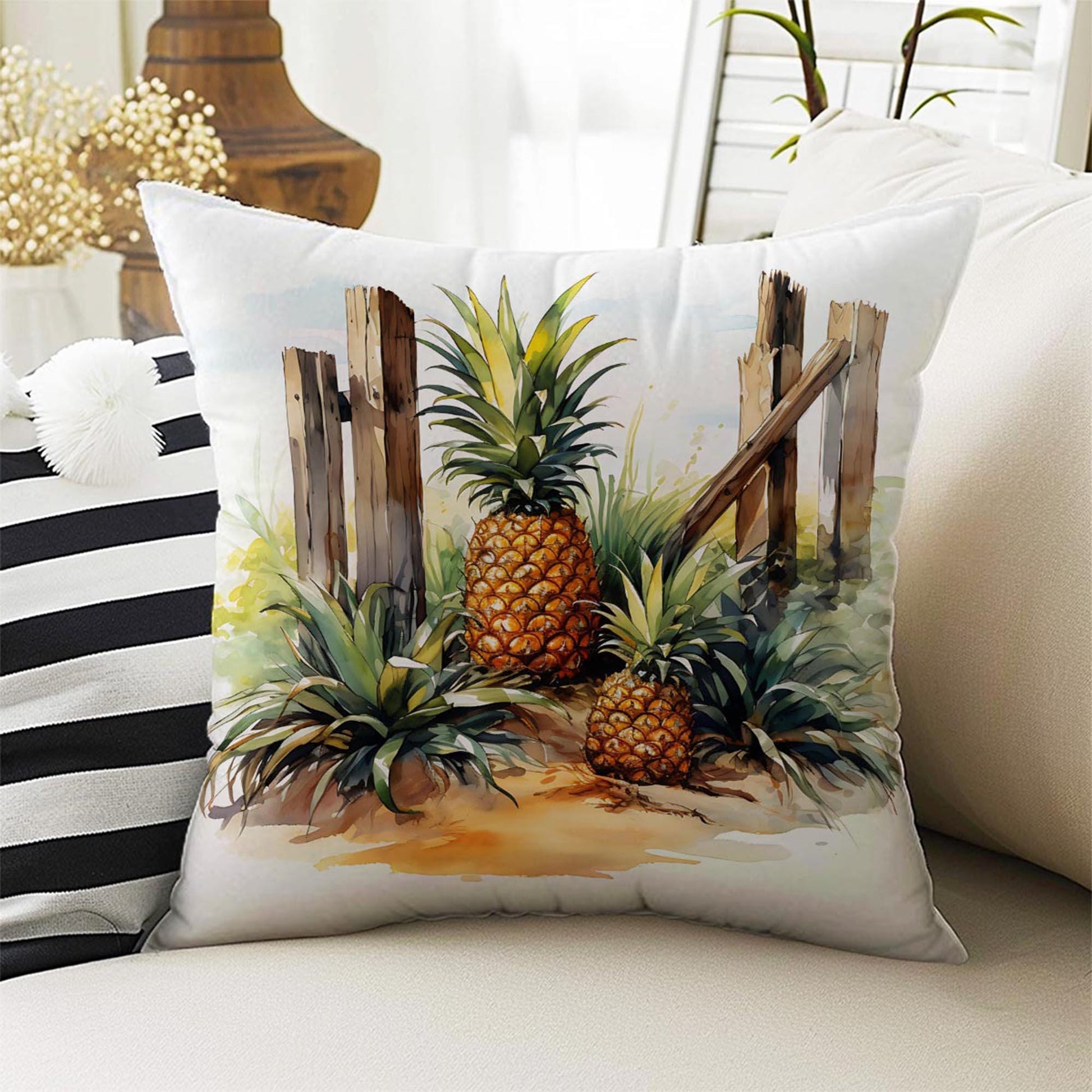 Pineapple Summer Theme Both Side Printed Pillow Cases, Cozy Cottagecore Accent Pillow, Tropical Spun Pillow Cushion, Housewarming Gift