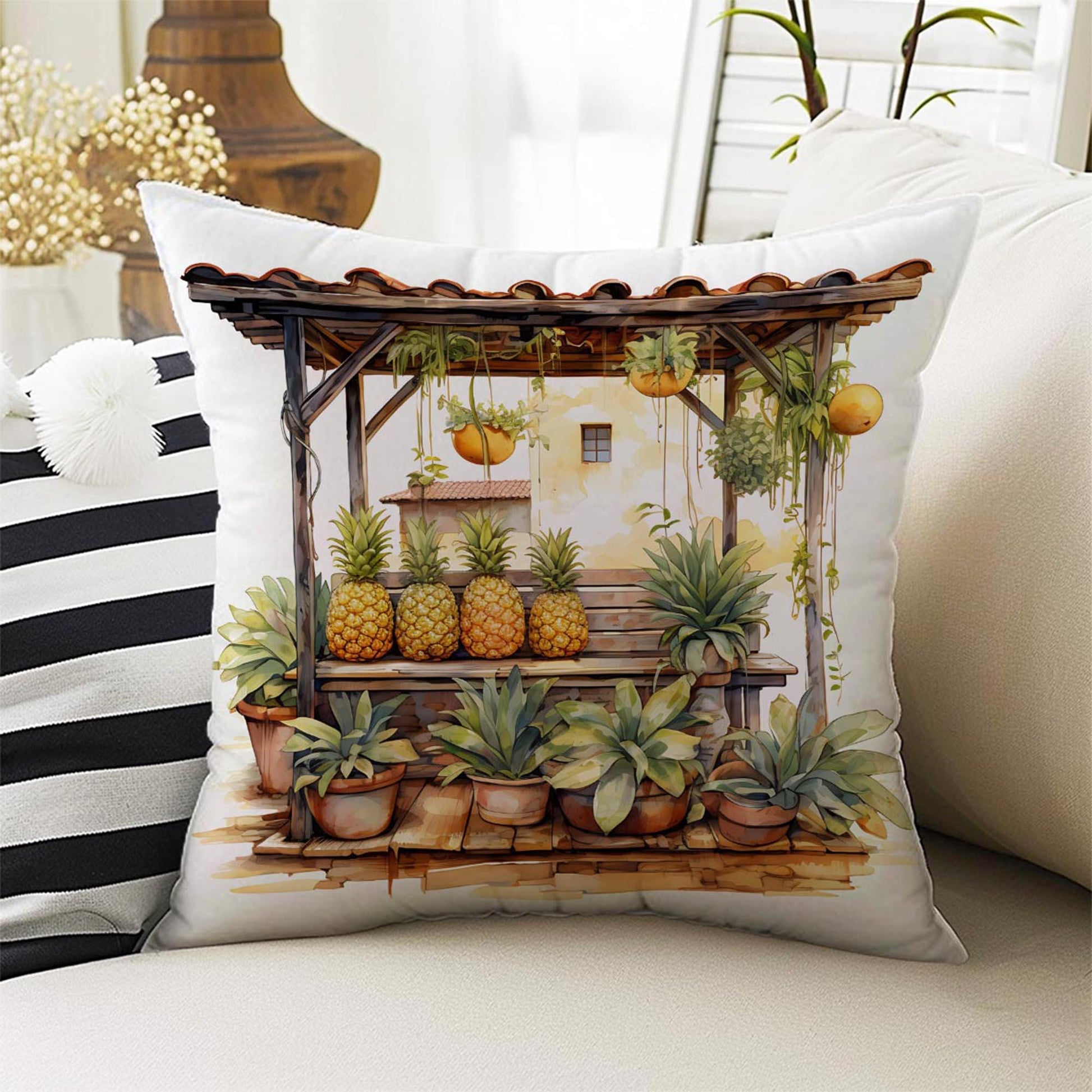 Pineapple Summer Theme Both Side Printed Pillow Cases, Cozy Cottagecore Accent Pillow, Tropical Spun Pillow Cushion, Housewarming Gift