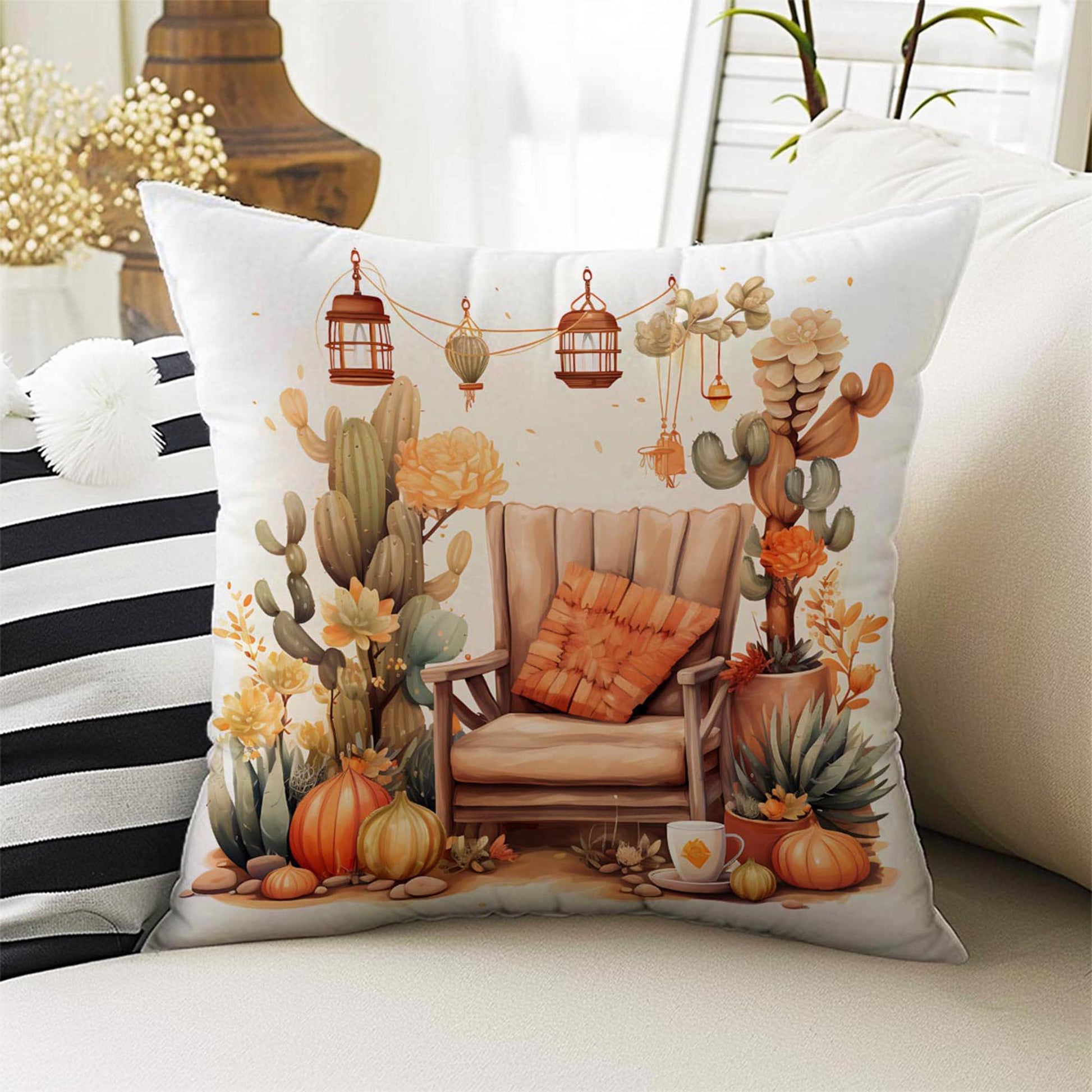 Cactus Wild Western Theme Both Side Printed Pillow Cases, Cozy Cottagecore Accent Pillow, Cactus Spun Pillow Cushion, Housewarming Gift