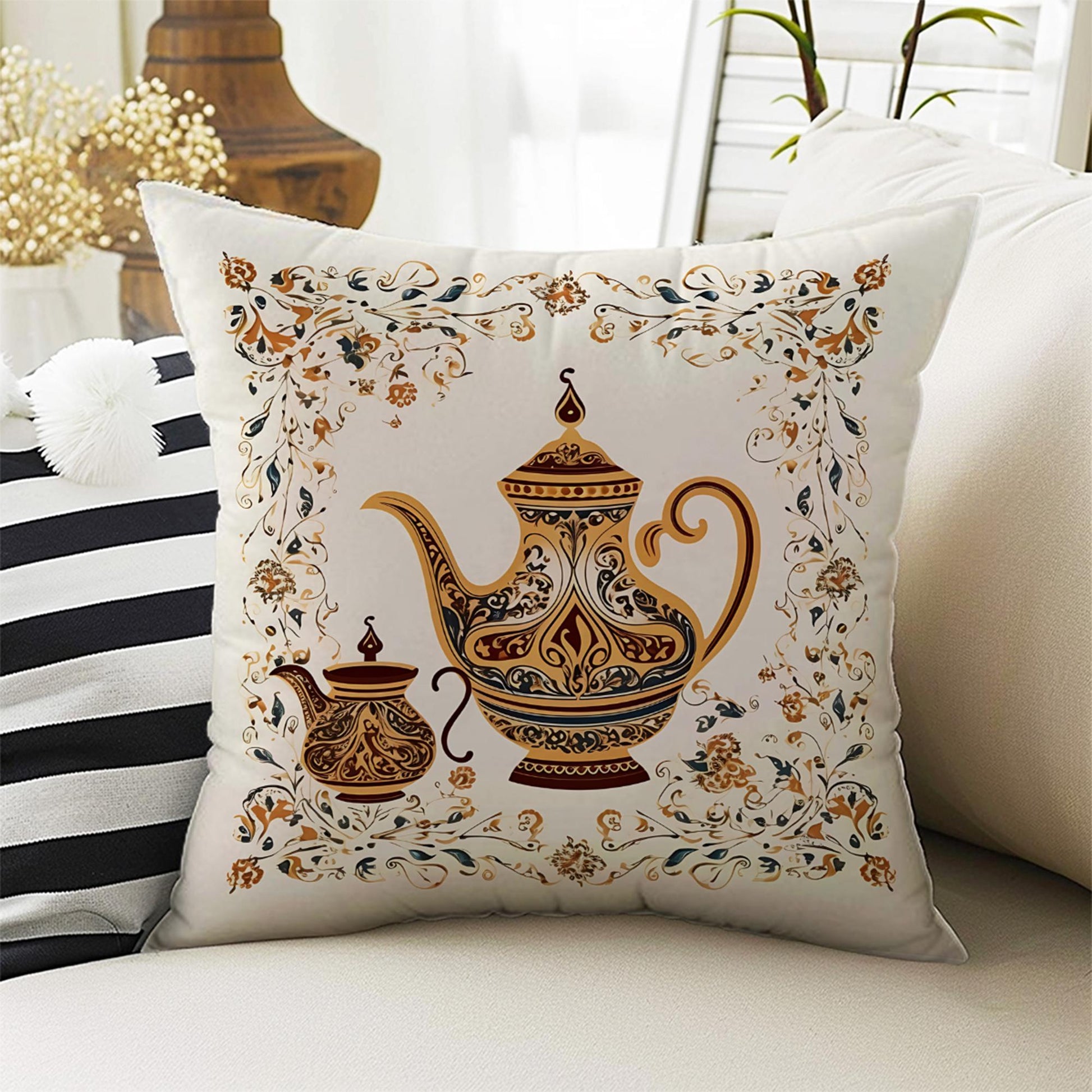Vintage Retro Teapot Theme Both Side Printed Pillow Cases, Cozy Cottagecore Accent Pillow, Tea Time Spun Pillow Cushion, Housewarming Gift