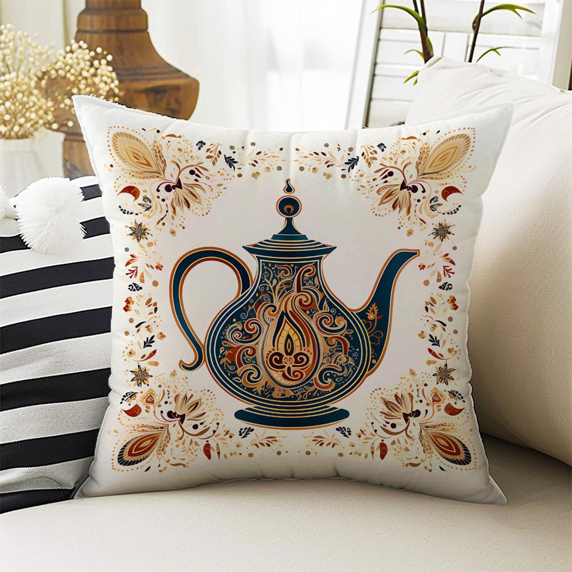 Vintage Retro Teapot Theme Both Side Printed Pillow Cases, Cozy Cottagecore Accent Pillow, Tea Time Spun Pillow Cushion, Housewarming Gift
