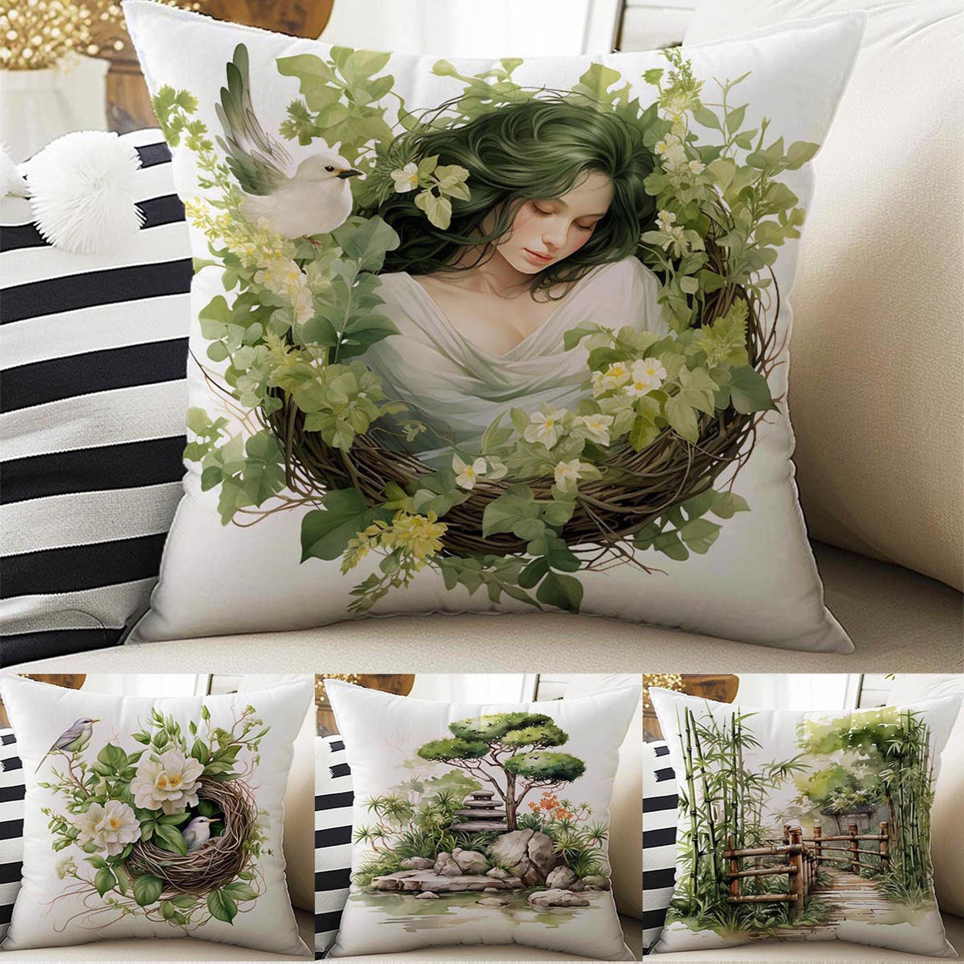 Nature Green Botanic Theme Both Side Printed Pillow Cases, Cozy Cottagecore Accent Pillow, Floral Spun Pillow Cushion, Housewarming Gift