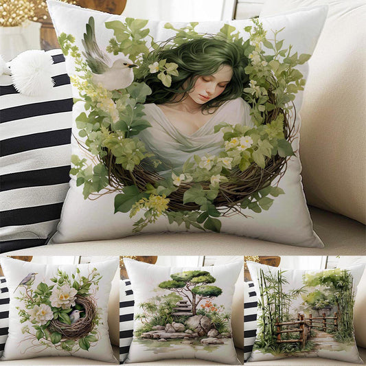 Nature Green Botanic Theme Both Side Printed Pillow Cases, Cozy Cottagecore Accent Pillow, Floral Spun Pillow Cushion, Housewarming Gift