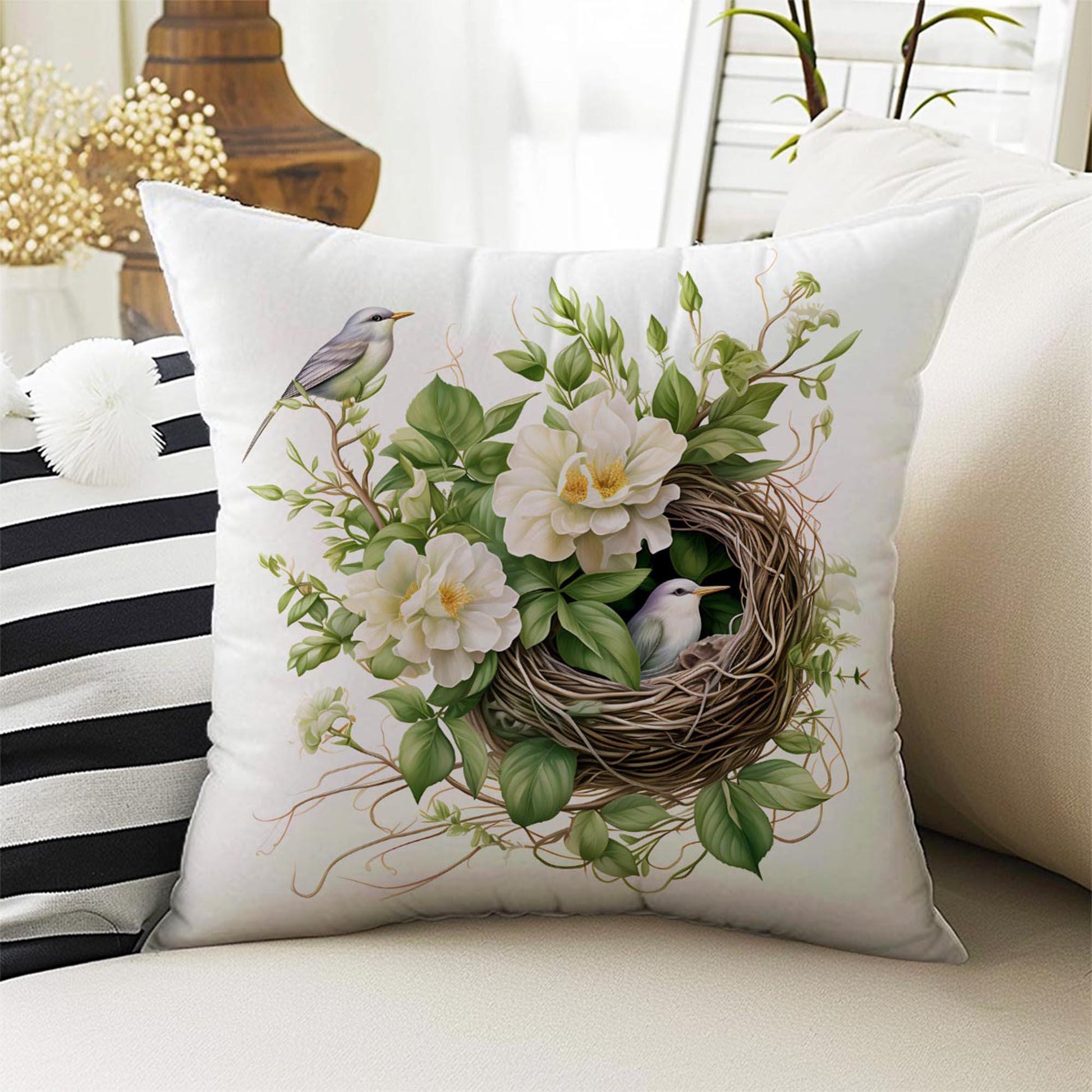 Nature Green Botanic Theme Both Side Printed Pillow Cases, Cozy Cottagecore Accent Pillow, Floral Spun Pillow Cushion, Housewarming Gift