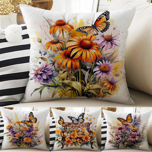 Wild Flowers Butterfly Theme Both Side Printed Pillow Cases, Cozy Cottagecore Accent Pillow, Floral Spun Pillow Cushion, Housewarming Gift