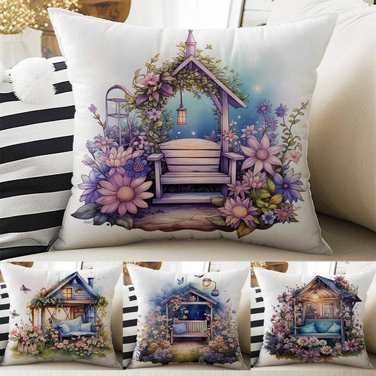 Purple Flowers Farmhouse Theme Both Side Printed Pillow Cases, Cozy Cottagecore Accent Pillow, Floral Spun Pillow Cushion, Housewarming Gift