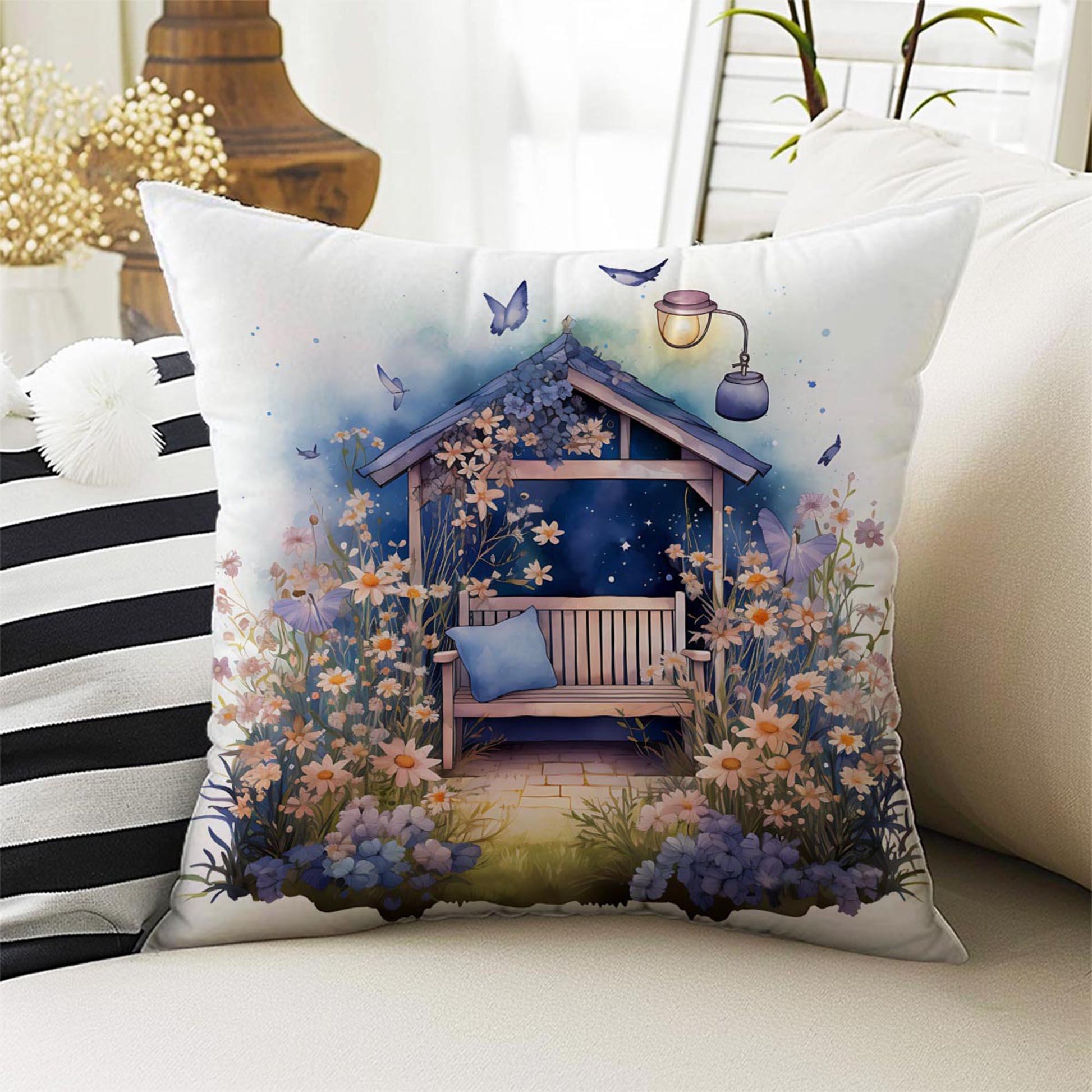 Purple Flowers Farmhouse Theme Both Side Printed Pillow Cases, Cozy Cottagecore Accent Pillow, Floral Spun Pillow Cushion, Housewarming Gift