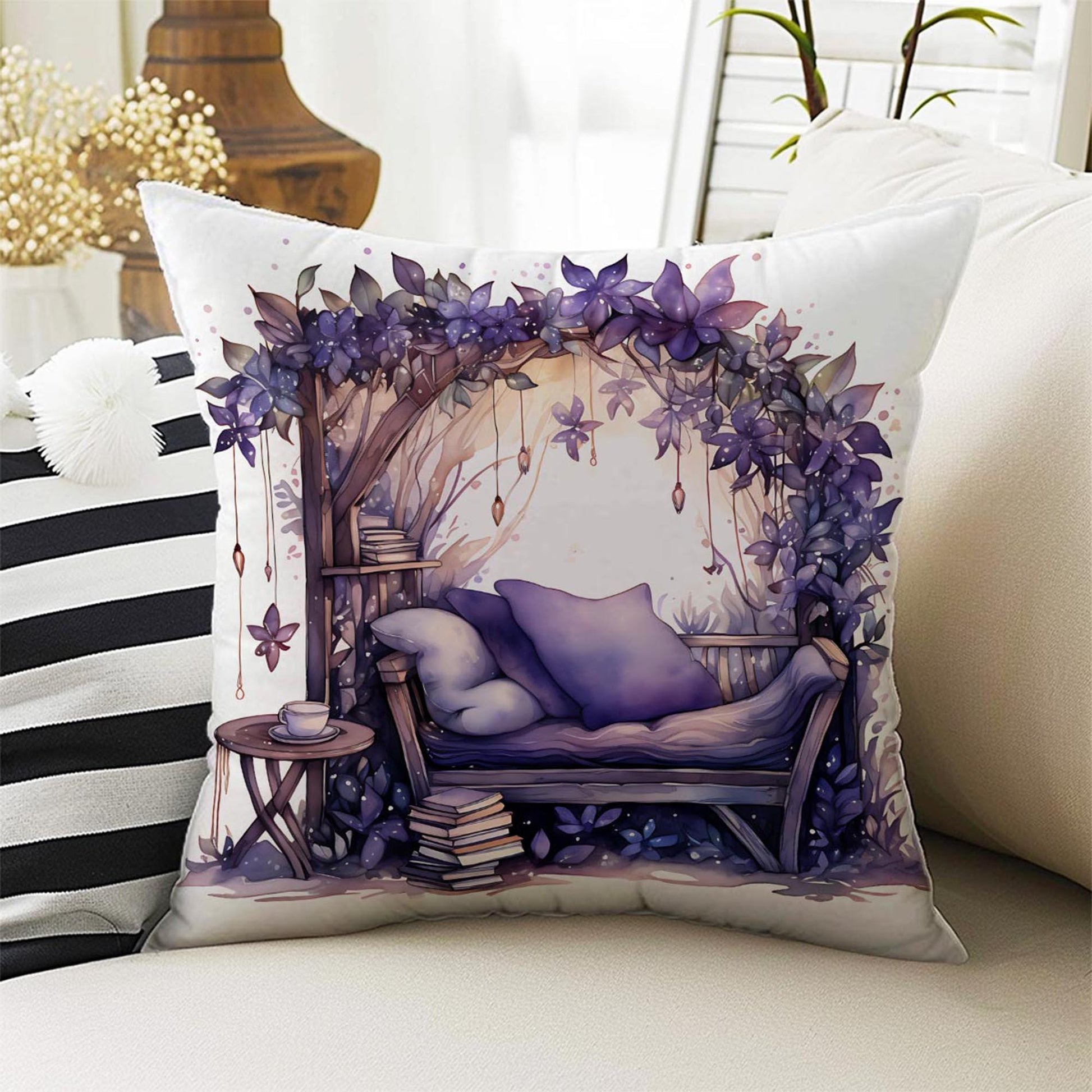 Purple Flowers Farmhouse Pillow Cases, Both Sides Printed Cozy Cottagecore Accent Cushion Cover, Floral Spun Pillow, Housewarming Gift