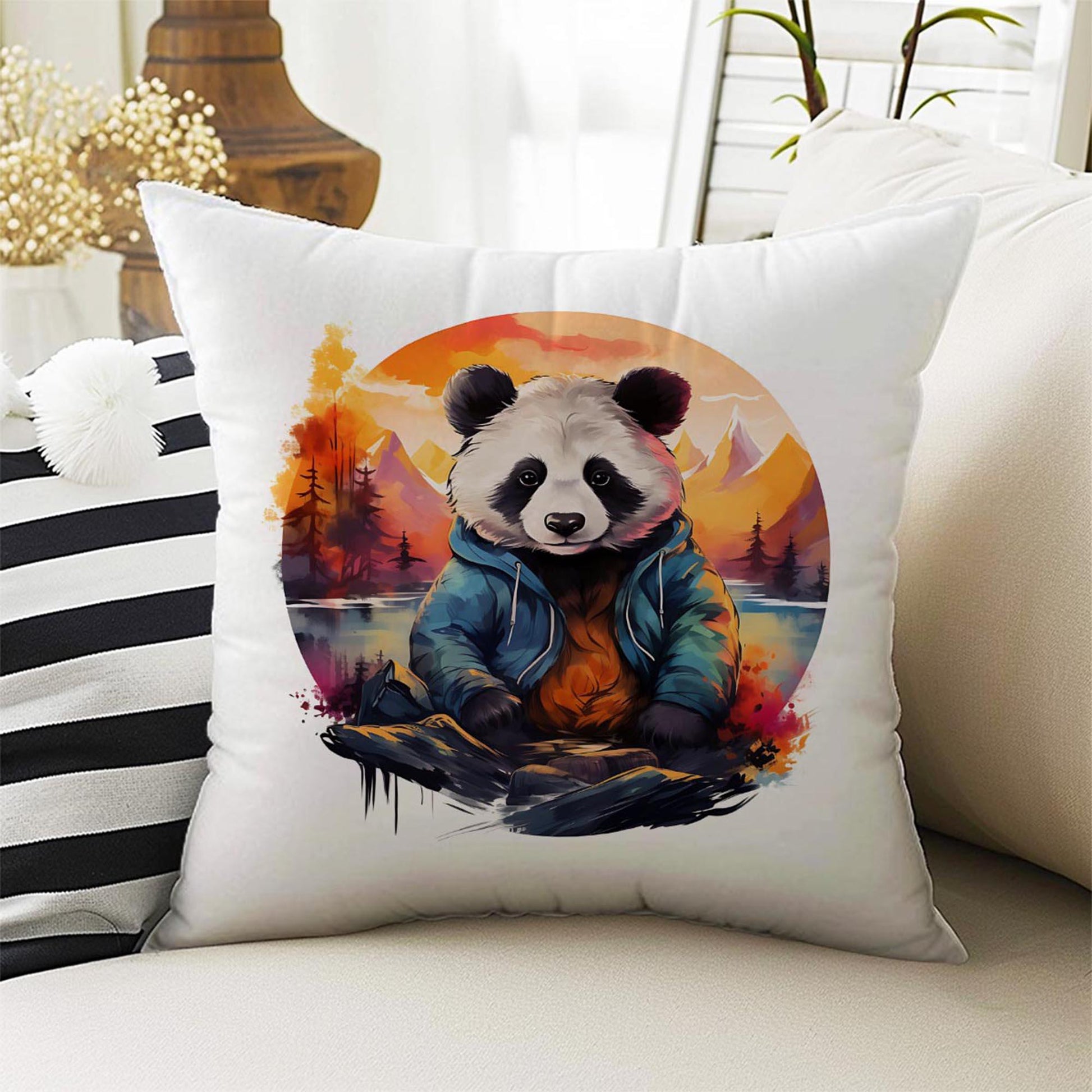 Colorful Panda Bear Theme Both Side Printed Pillow Cases, Cozy Cottagecore Accent Pillow, Animal Spun Pillow Cushion, Housewarming Gift