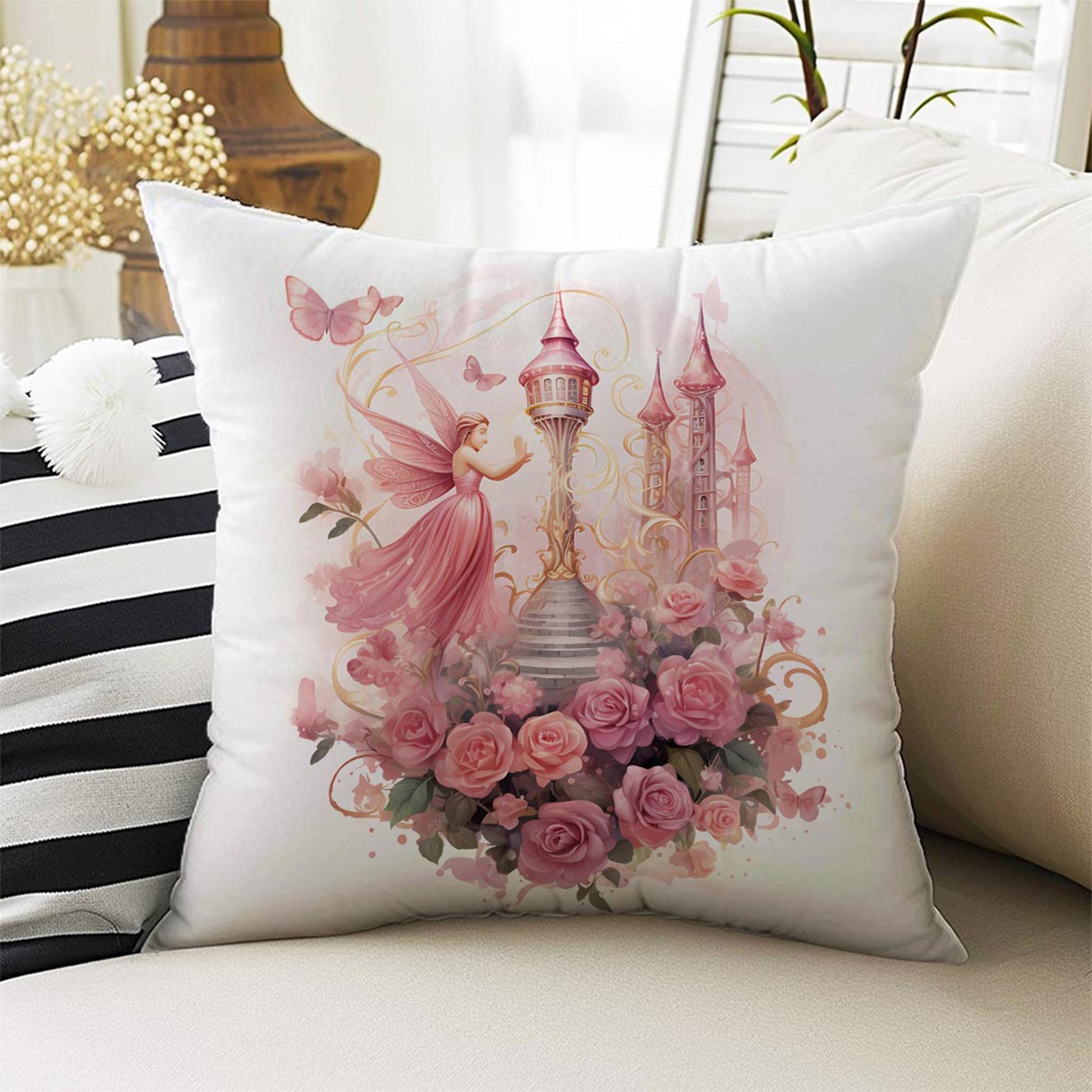 Pink Fairy Princess Floral Both Side Printed Pillow Cases, Cozy Cottagecore Accent Pillow, Flowers Spun Pillow Cushion, Housewarming Gift