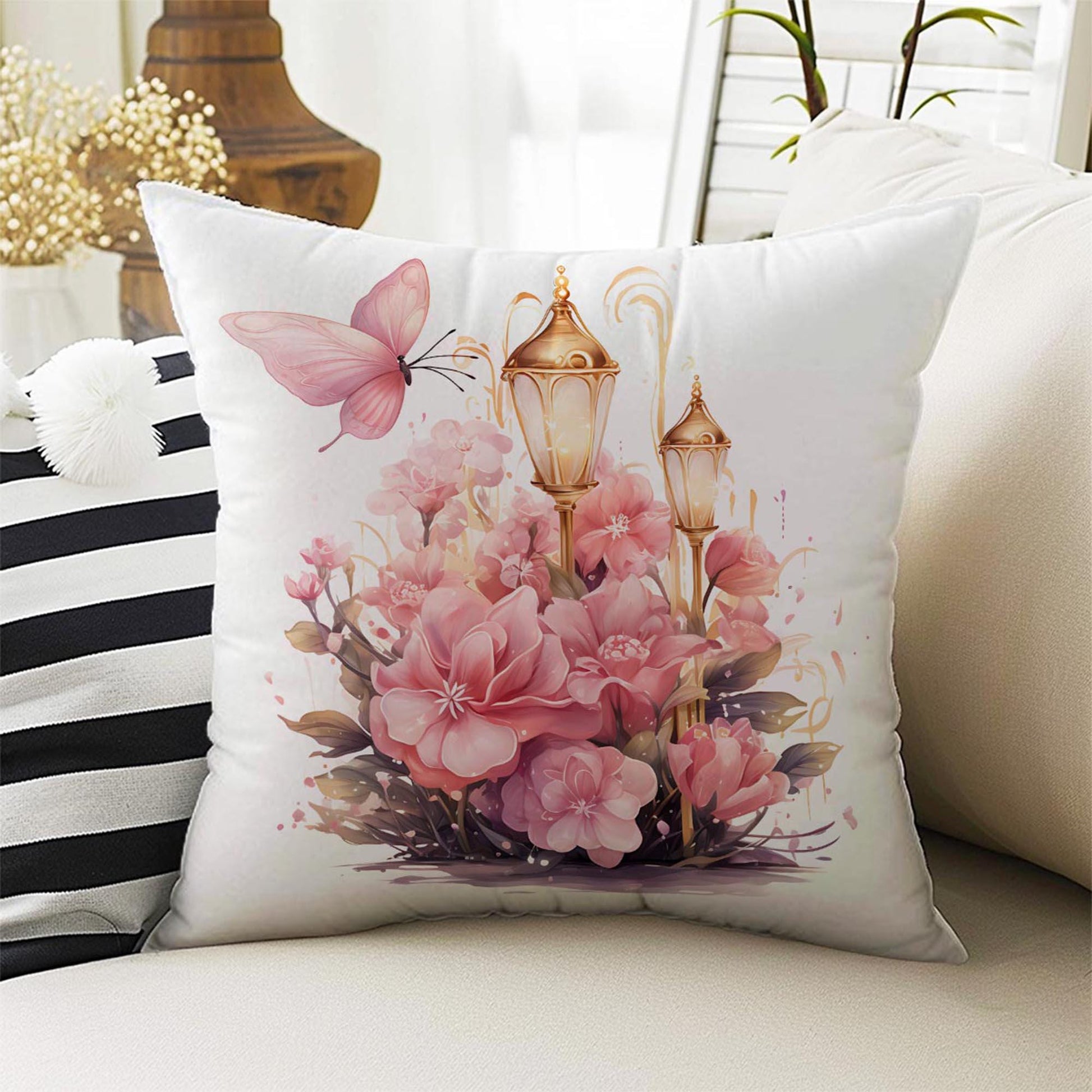 Pink Fairy Princess Floral Both Side Printed Pillow Cases, Cozy Cottagecore Accent Pillow, Flowers Spun Pillow Cushion, Housewarming Gift