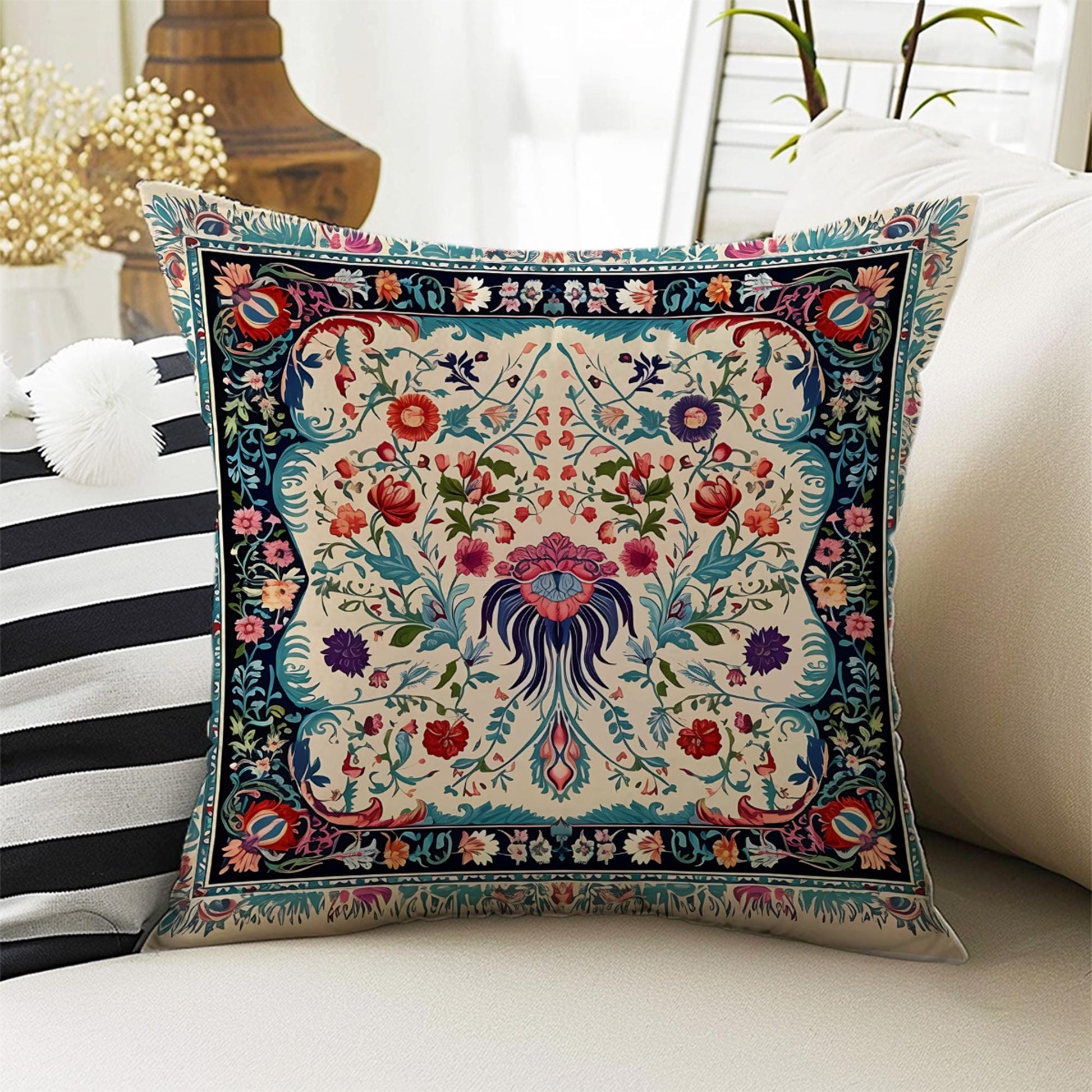 Turkish Vintage Retro Flowers Both Side Printed Pillow Cases, Cozy Cottagecore Accent Pillow, Floral Spun Pillow Cushion, Housewarming Gift