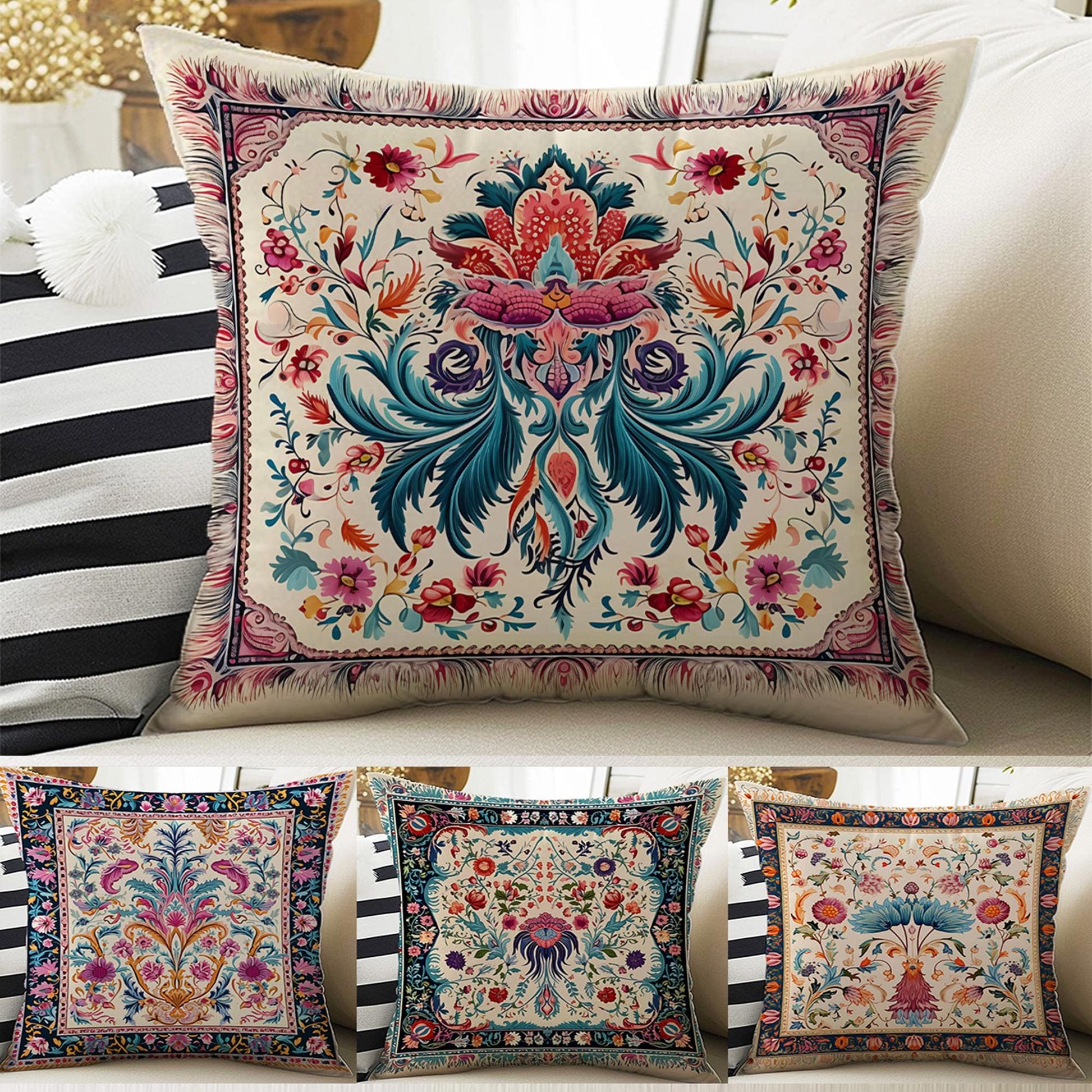 Turkish Vintage Retro Flowers Both Side Printed Pillow Cases, Cozy Cottagecore Accent Pillow, Floral Spun Pillow Cushion, Housewarming Gift