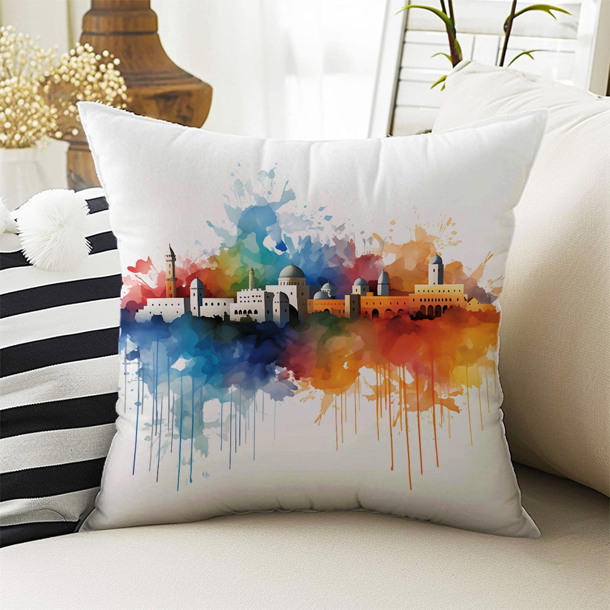 Colorful Retro Houses Both Side Printed Pillow Cases, Cozy Cottagecore Accent Pillow, Vintage City Spun Pillow Cushion, Housewarming Gift