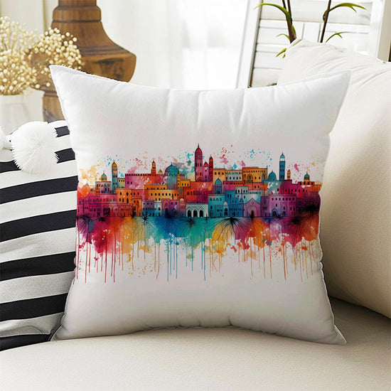 Colorful Retro Houses Both Side Printed Pillow Cases, Cozy Cottagecore Accent Pillow, Vintage City Spun Pillow Cushion, Housewarming Gift