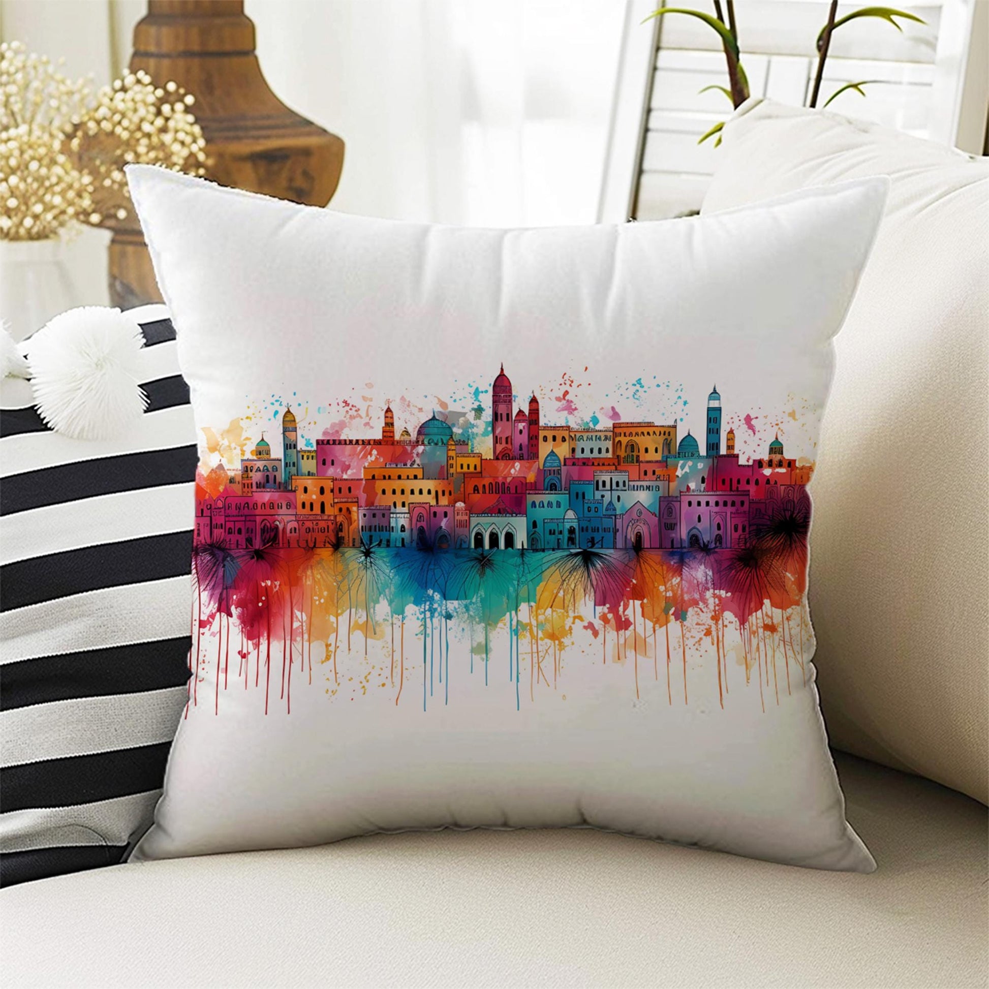 Colorful Retro Houses Both Side Printed Pillow Cases, Cozy Cottagecore Accent Pillow, Vintage City Spun Pillow Cushion, Housewarming Gift