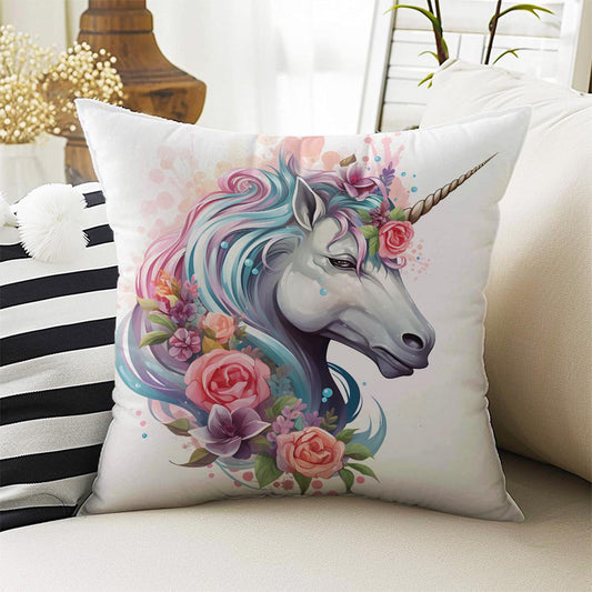 Roses Flowers Unicorn Horse Both Side Printed Pillow Cases, Cozy Cottagecore Accent Pillow, Unicorn Spun Pillow Cushion, Housewarming Gift