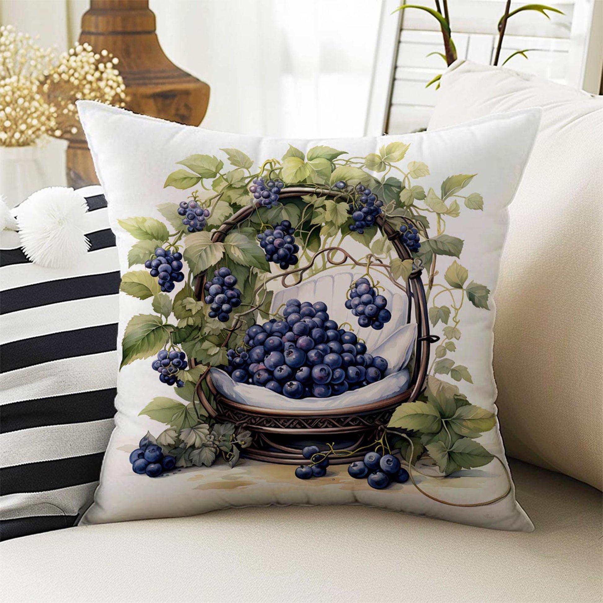 Grapes Garden Floral Both Side Printed Pillow Cases, Cozy Cottagecore Accent Pillow, Fruits Garden Spun Pillow Cushion, Housewarming Gift