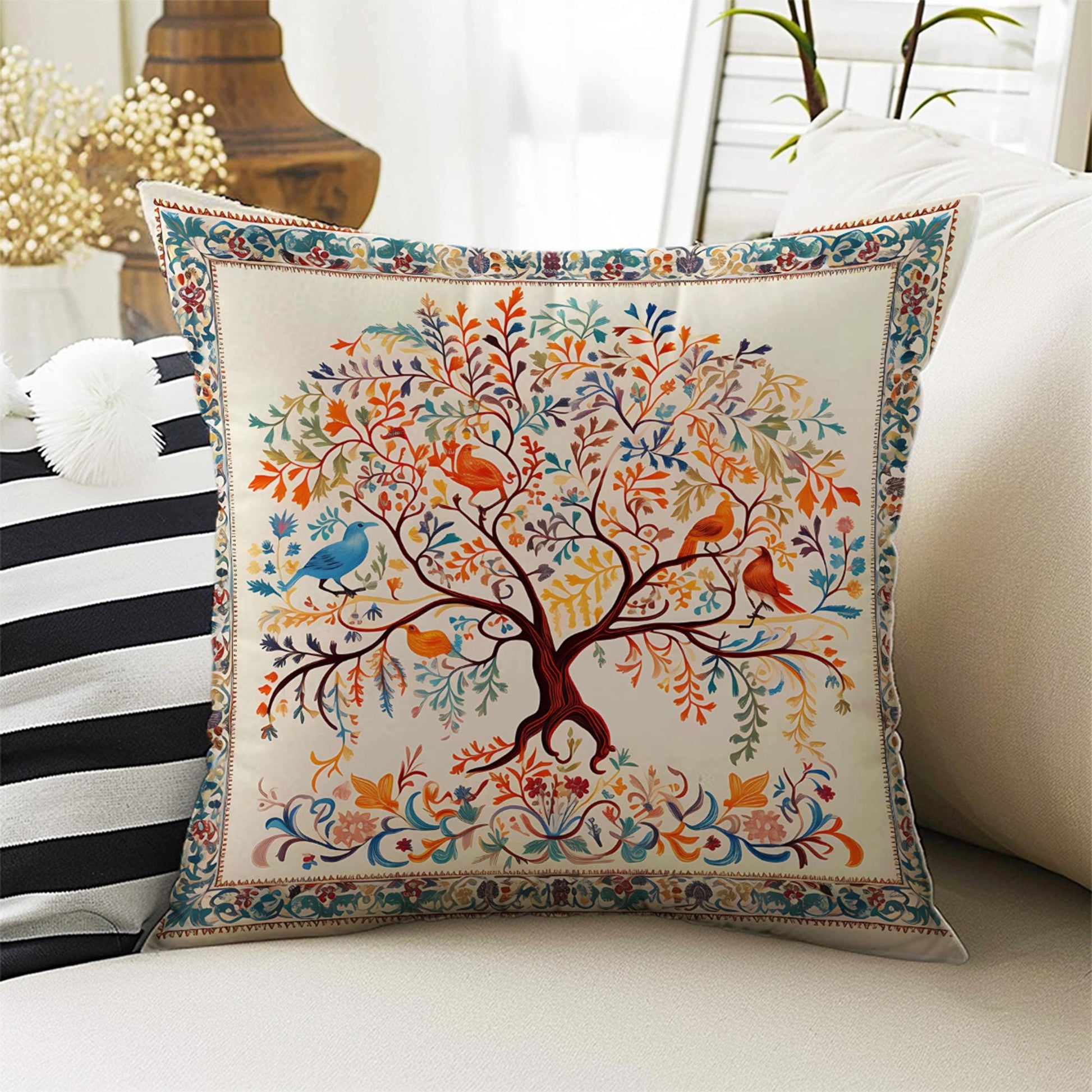 Tree Of Life Retro Both Side Printed Pillow Cases, Cozy Cottagecore Accent Pillow, Tree Floral Spun Pillow Cushion, Housewarming Gift