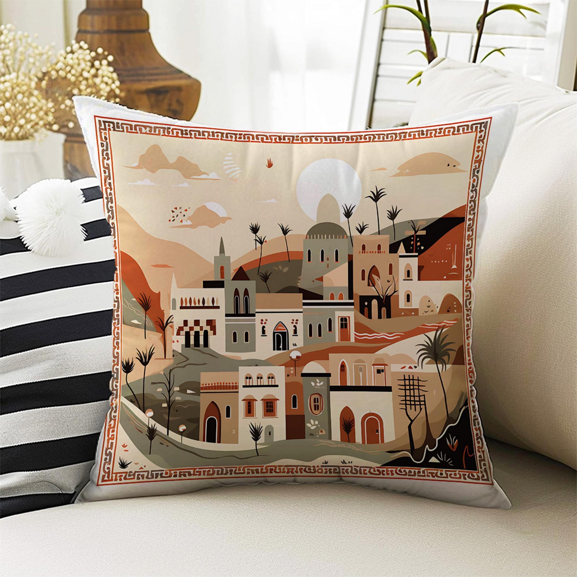 Vintage Retro Houses Town Both Side Printed Pillow Cases, Cozy Cottagecore Accent Pillow, City Spun Pillow Cushion, Housewarming Gift