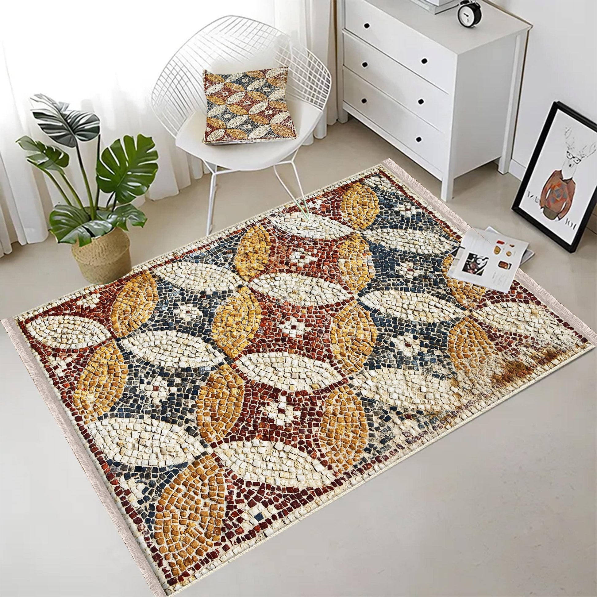 Authentic Ethnic Retro Persian Anatolian Turkish Kilim Area Rug, Washable Non Slip Living Room Rugs with pillow case gift, Mosaic Stones Rug