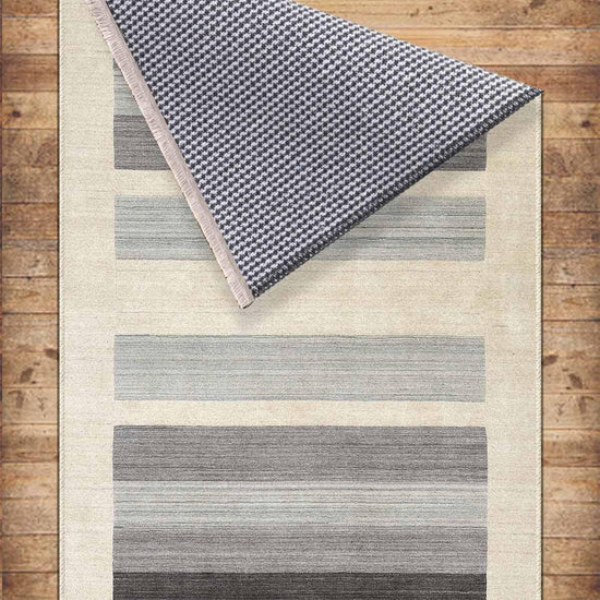 Cream Gray Lines Modern Design Area Rug Runner, Geometric Accent Carpet, Unique Room Mat, Washable Anti-Slip Rug with pillow case gift
