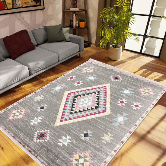 Gray Pink Aztec Modern Design Area Rug Runner, Geometric Accent Carpet, Unique Room Mat, Washable Anti-Slip Rug with pillow case gift