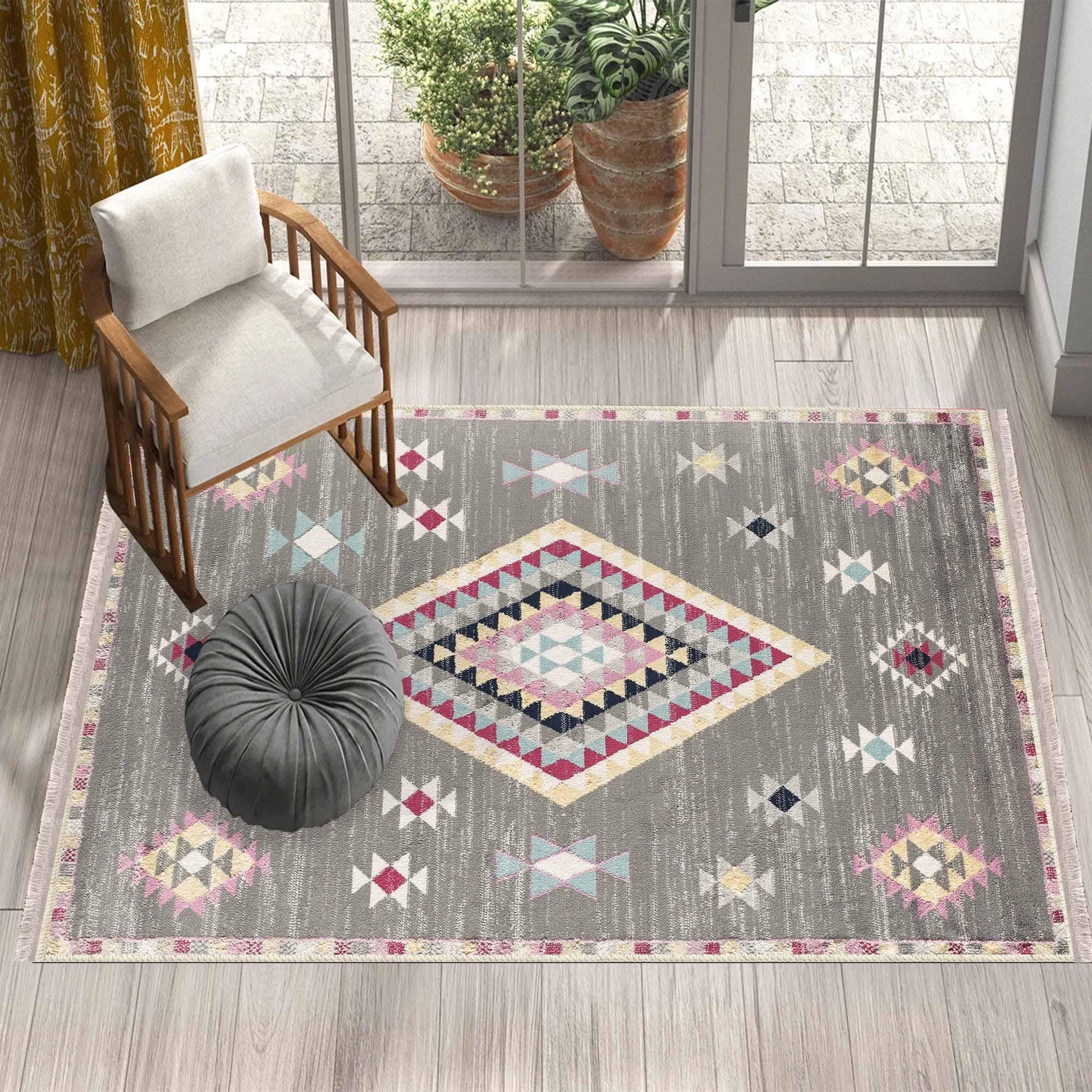 Gray Pink Aztec Modern Design Area Rug Runner, Geometric Accent Carpet, Unique Room Mat, Washable Anti-Slip Rug with pillow case gift
