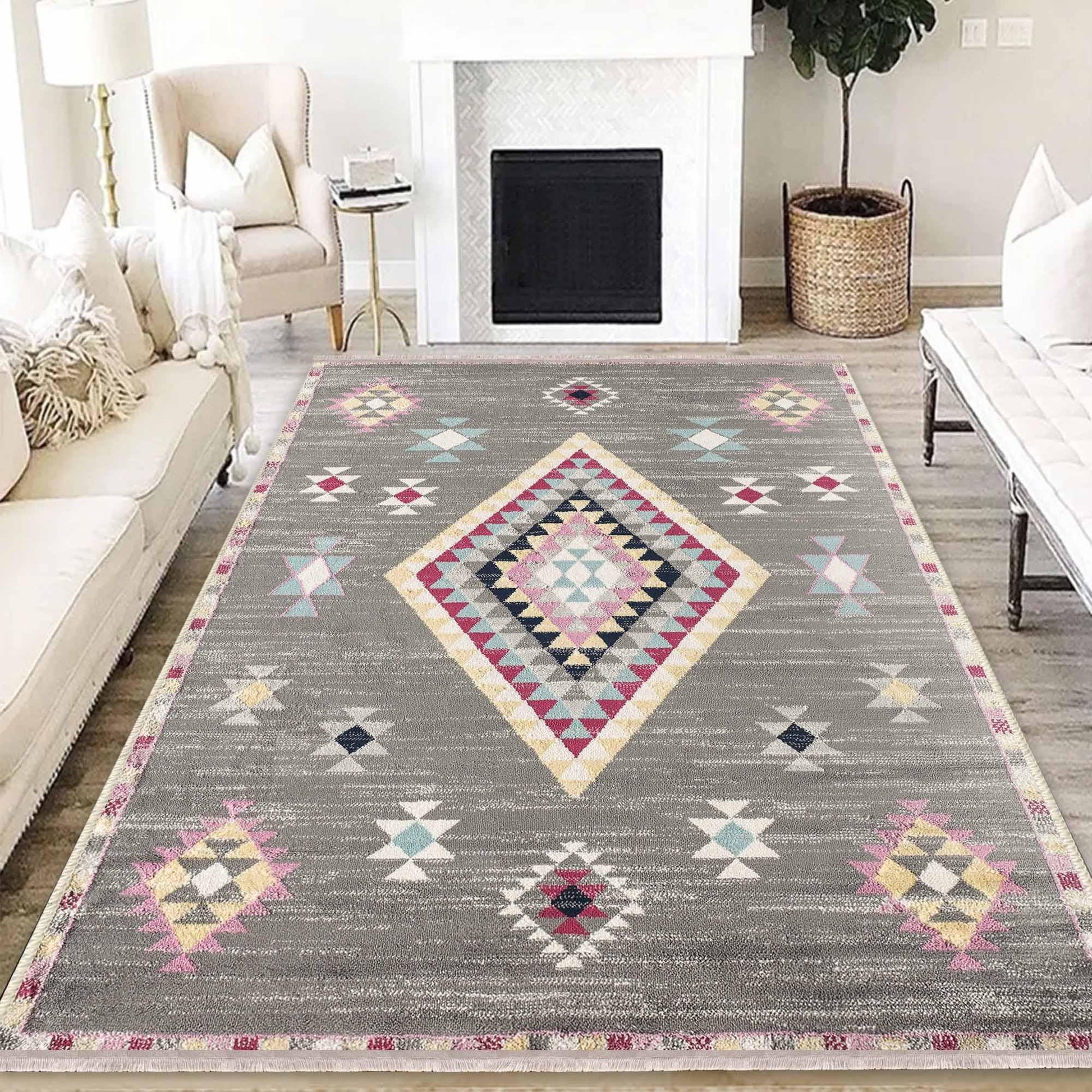 Gray Pink Aztec Modern Design Area Rug Runner, Geometric Accent Carpet, Unique Room Mat, Washable Anti-Slip Rug with pillow case gift