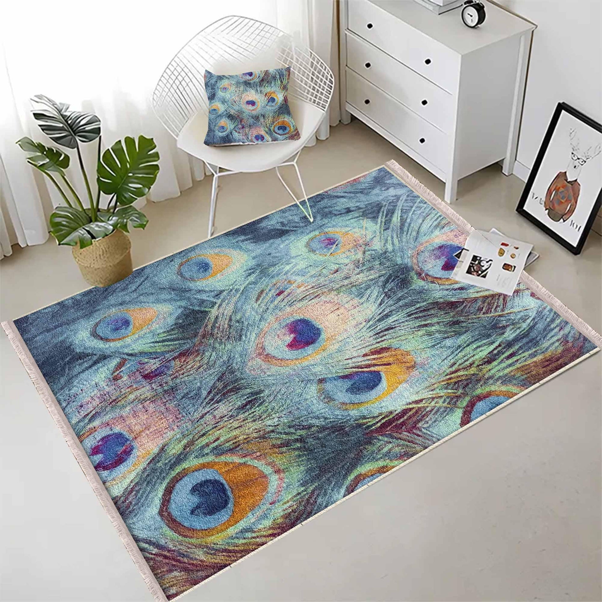 Peacock Feathers Modern Design Area Rug Runner, Accent Carpet, Unique Room Mat, Washable Anti-Slip Rug with pillow case gift