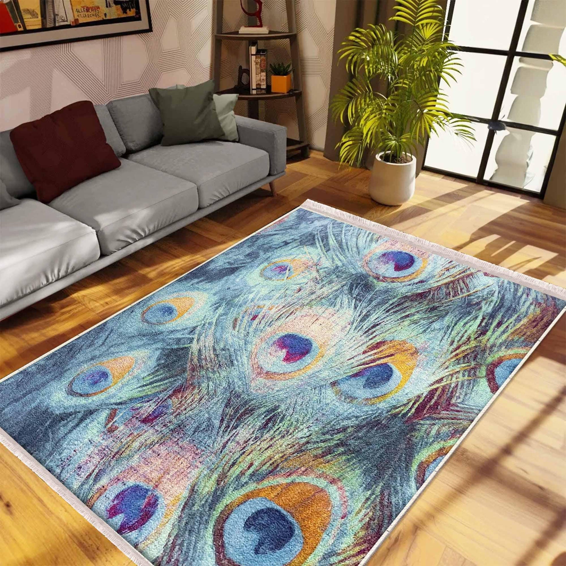 Peacock Feathers Modern Design Area Rug Runner, Accent Carpet, Unique Room Mat, Washable Anti-Slip Rug with pillow case gift