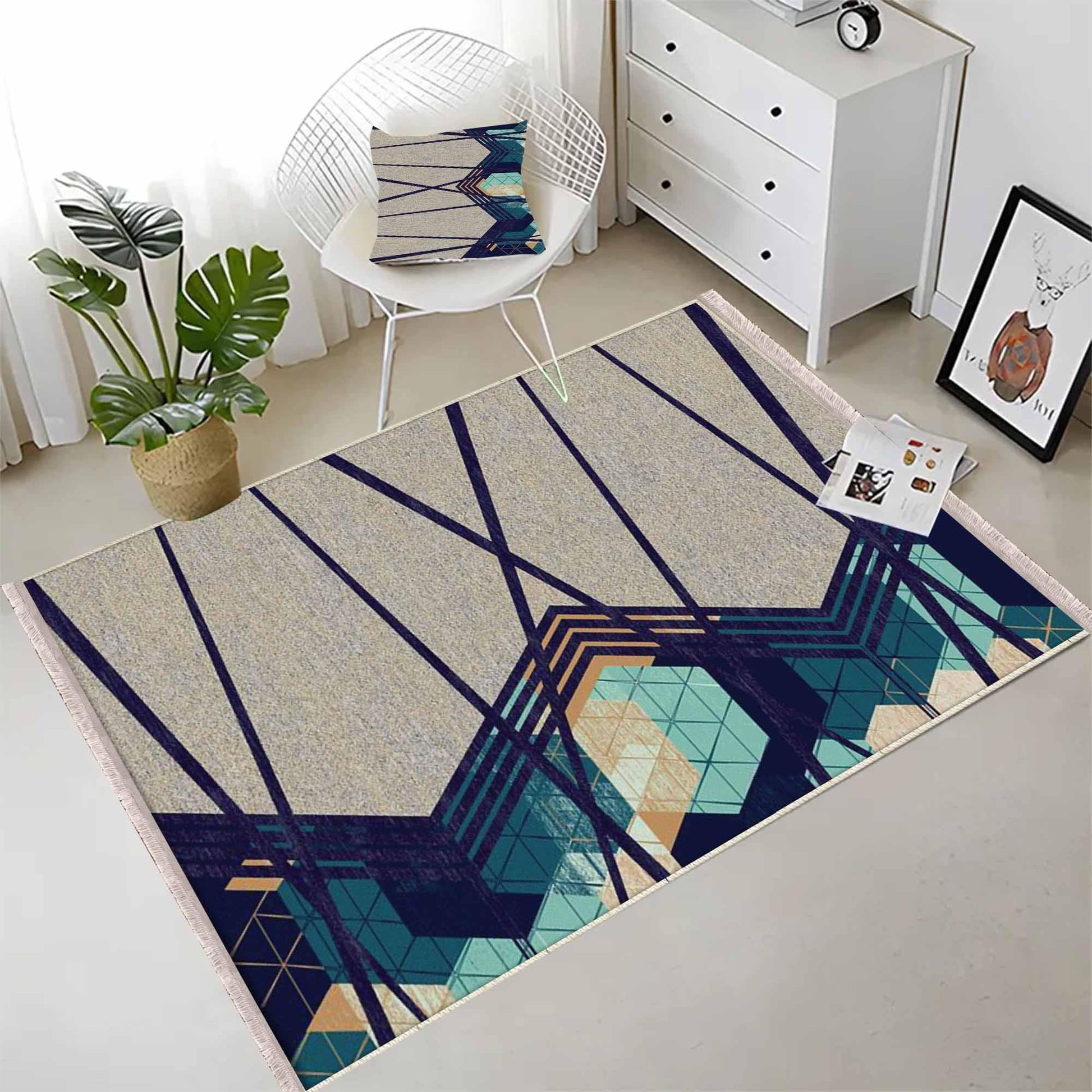 Gray Green Modern Design Area Rug Runner, Geometric Accent Carpet, Unique Room Mat, Washable Anti-Slip Rug with pillow case gift