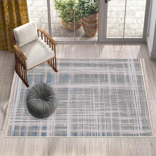 Gray White Blue Lines Modern Design Area Rug Runner, Geometric Accent Carpet, Unique Room Mat, Washable Anti-Slip Rug with pillow case gift