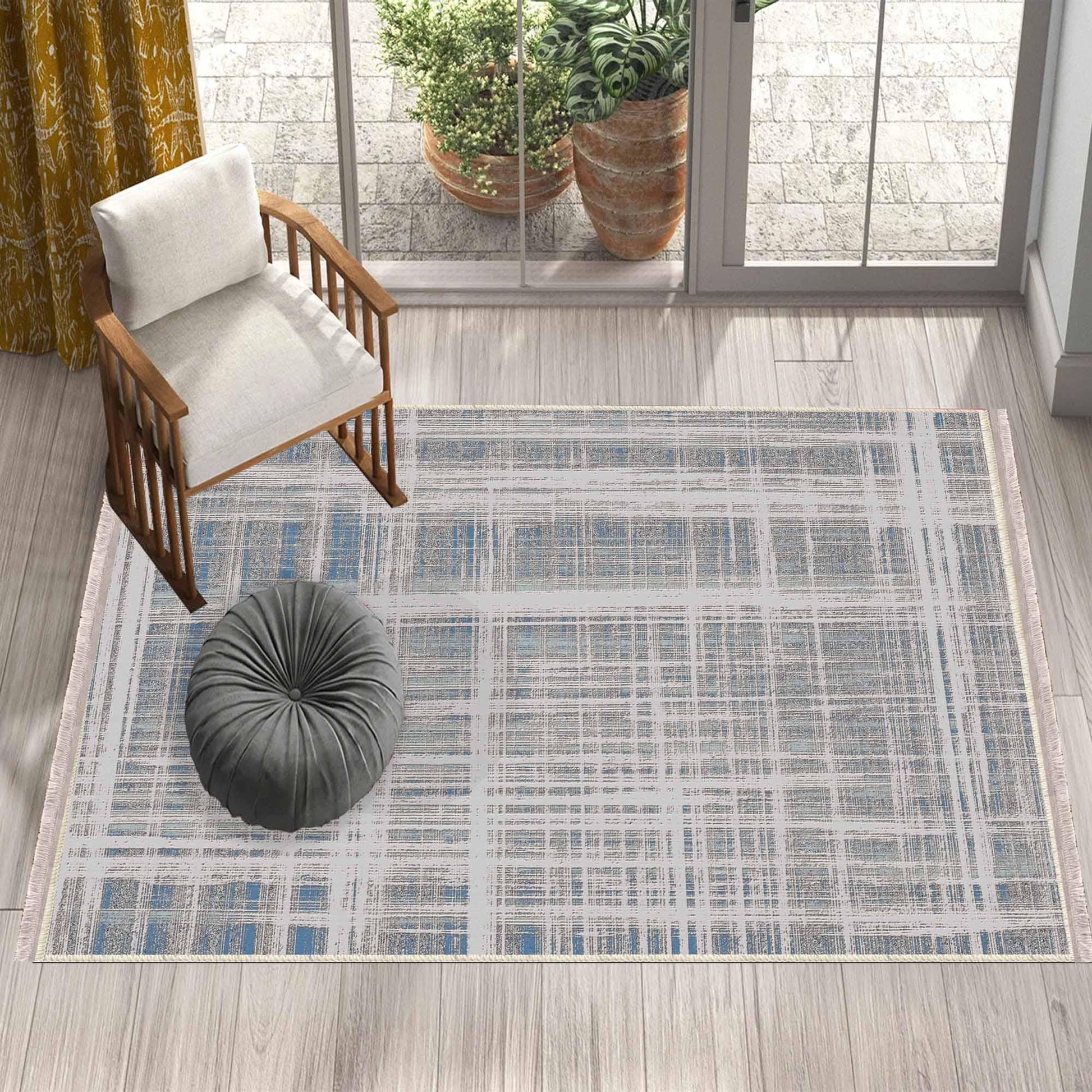 Gray White Blue Lines Modern Design Area Rug Runner, Geometric Accent Carpet, Unique Room Mat, Washable Anti-Slip Rug with pillow case gift