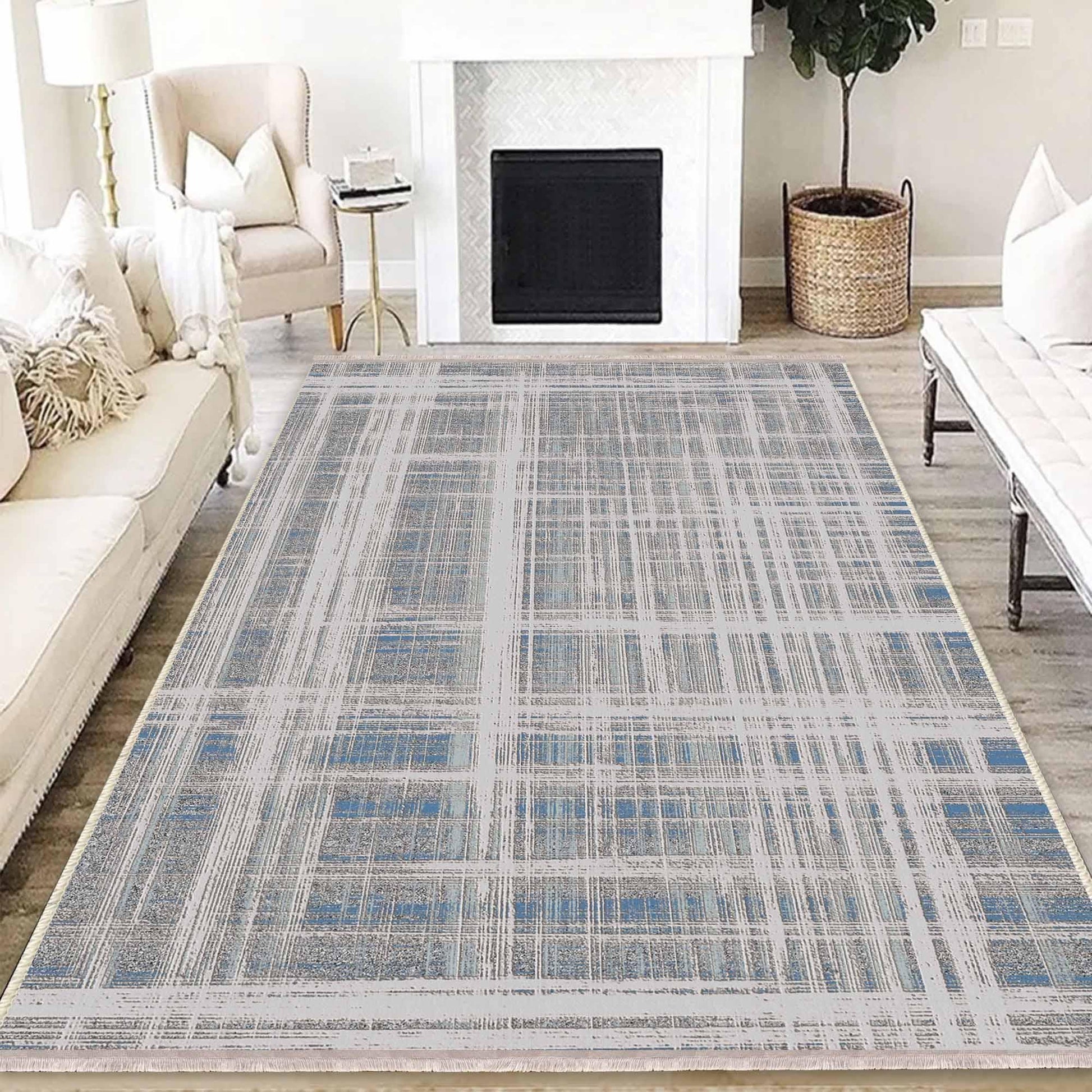 Gray White Blue Lines Modern Design Area Rug Runner, Geometric Accent Carpet, Unique Room Mat, Washable Anti-Slip Rug with pillow case gift