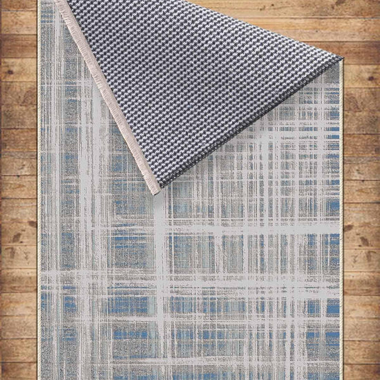 Gray White Blue Lines Modern Design Area Rug Runner, Geometric Accent Carpet, Unique Room Mat, Washable Anti-Slip Rug with pillow case gift