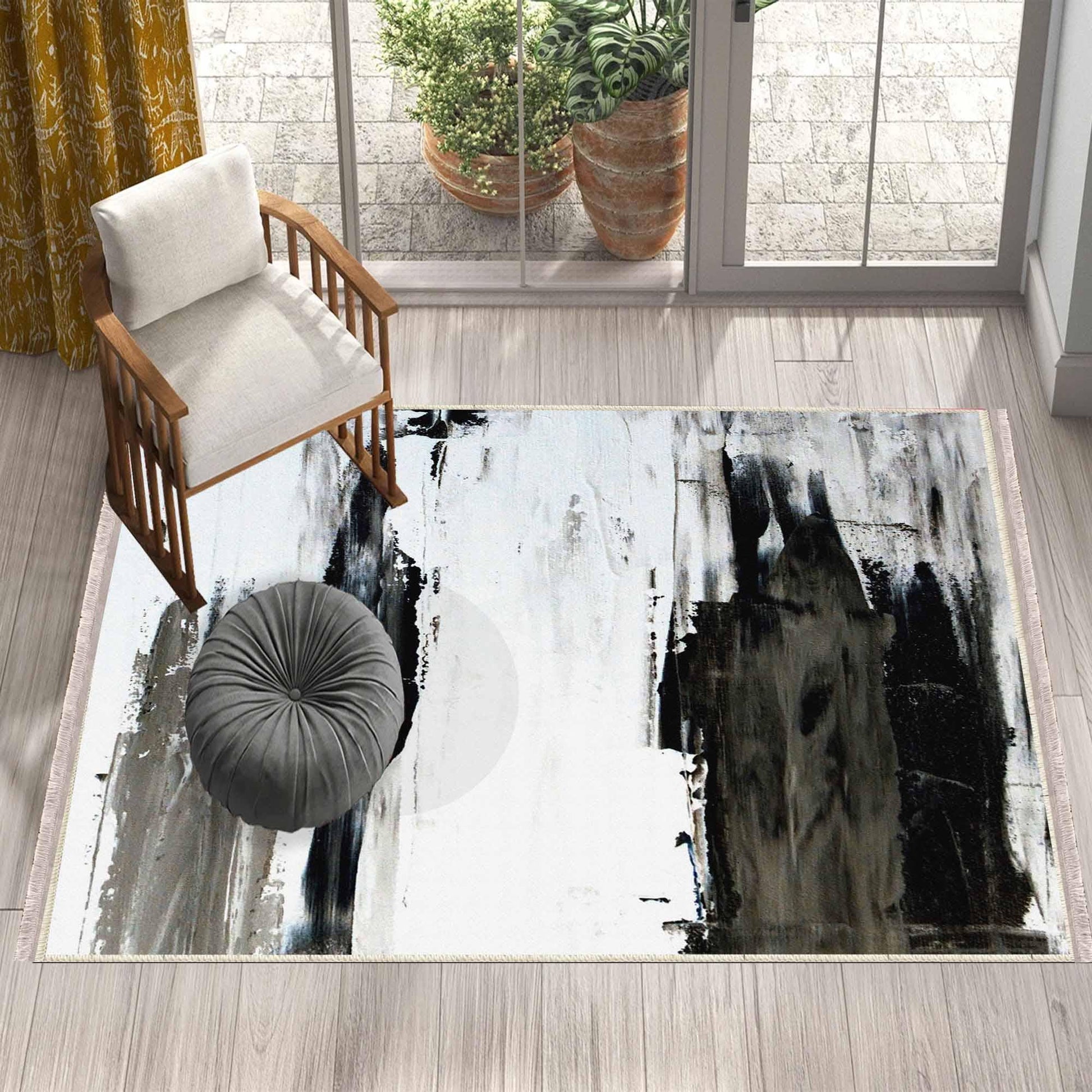Black White Abstract Modern Design Area Rug Runner, Geometric Accent Carpet, Unique Room Mat, Washable Anti-Slip Rug with pillow case gift