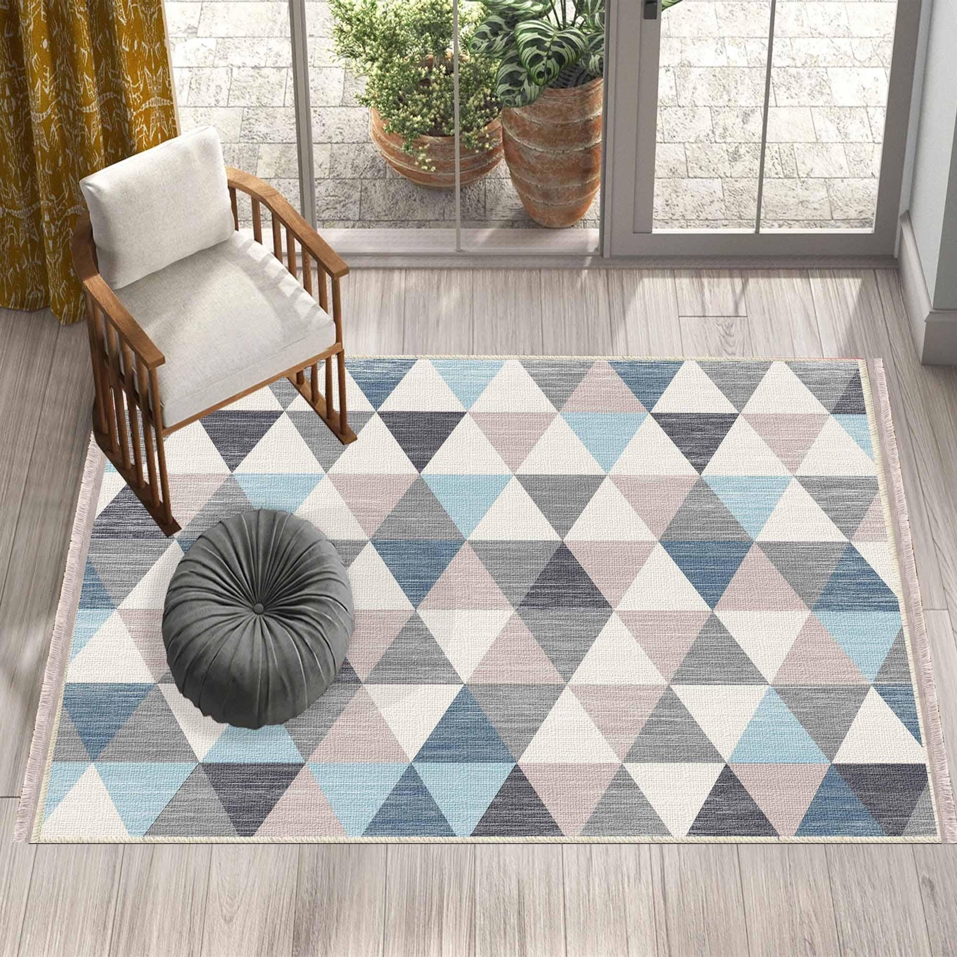 Blue Gray Triangle Geometric Design Area Rug Runner, Modern Accent Carpet, Unique Room Mat, Washable Anti-Slip Rug with pillow case gift