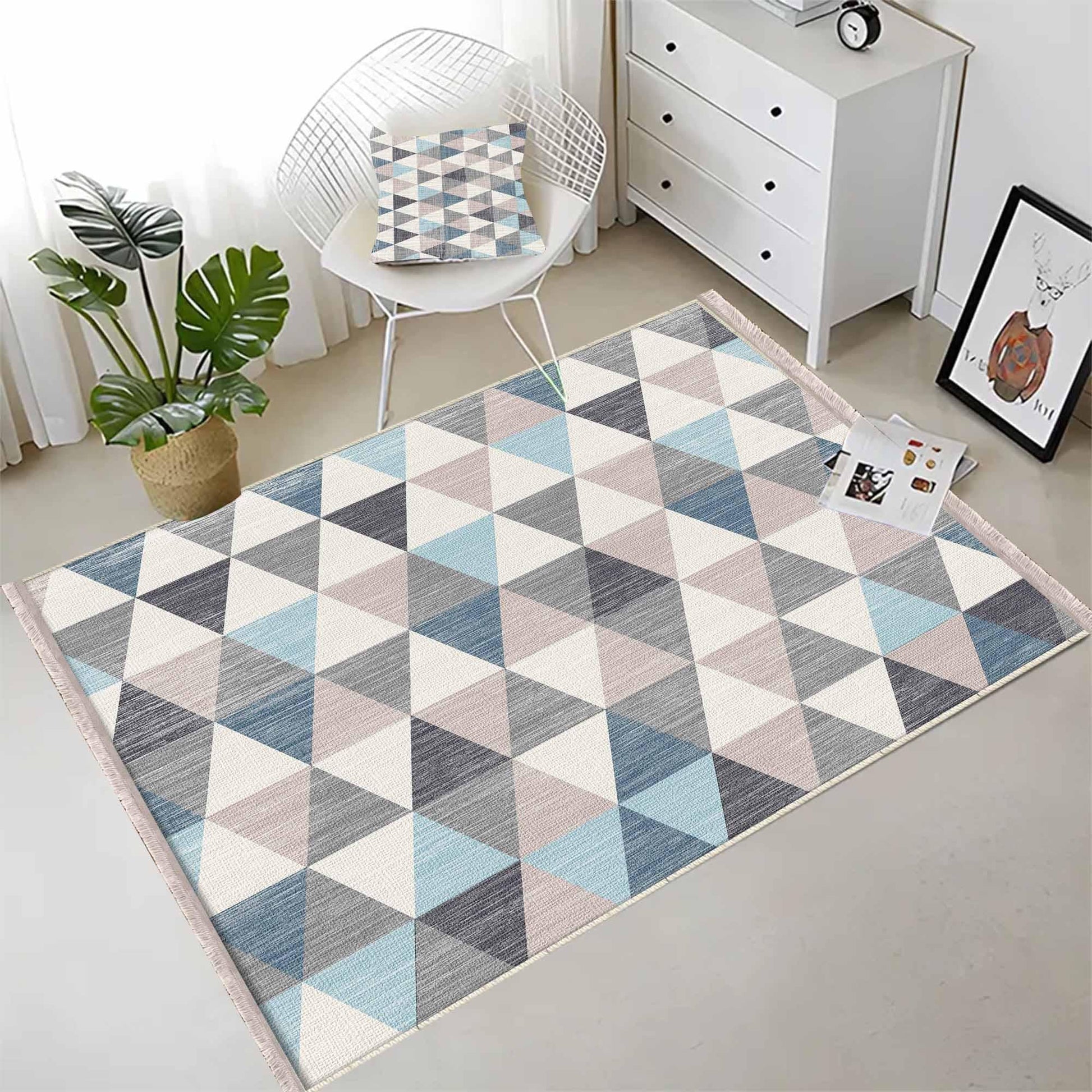 Blue Gray Triangle Geometric Design Area Rug Runner, Modern Accent Carpet, Unique Room Mat, Washable Anti-Slip Rug with pillow case gift