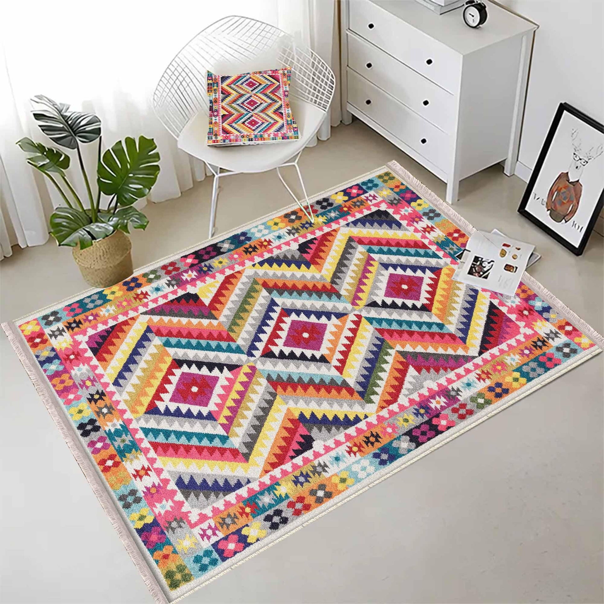 Colorful Aztec Ethnic Geometric Design Area Rug Runner, Modern Accent Carpet, Unique Room Mat, Washable Anti-Slip Rug with pillow case gift