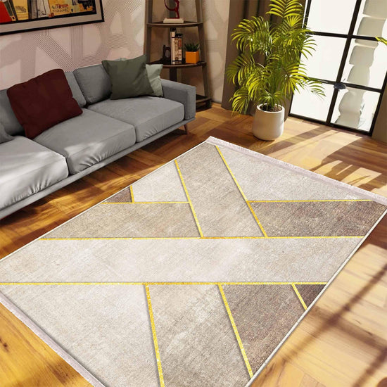 Brown Yellow Lines Geometric Design Area Rug Runner, Modern Accent Carpet, Unique Room Mat, Washable Anti-Slip Rug with pillow case gift