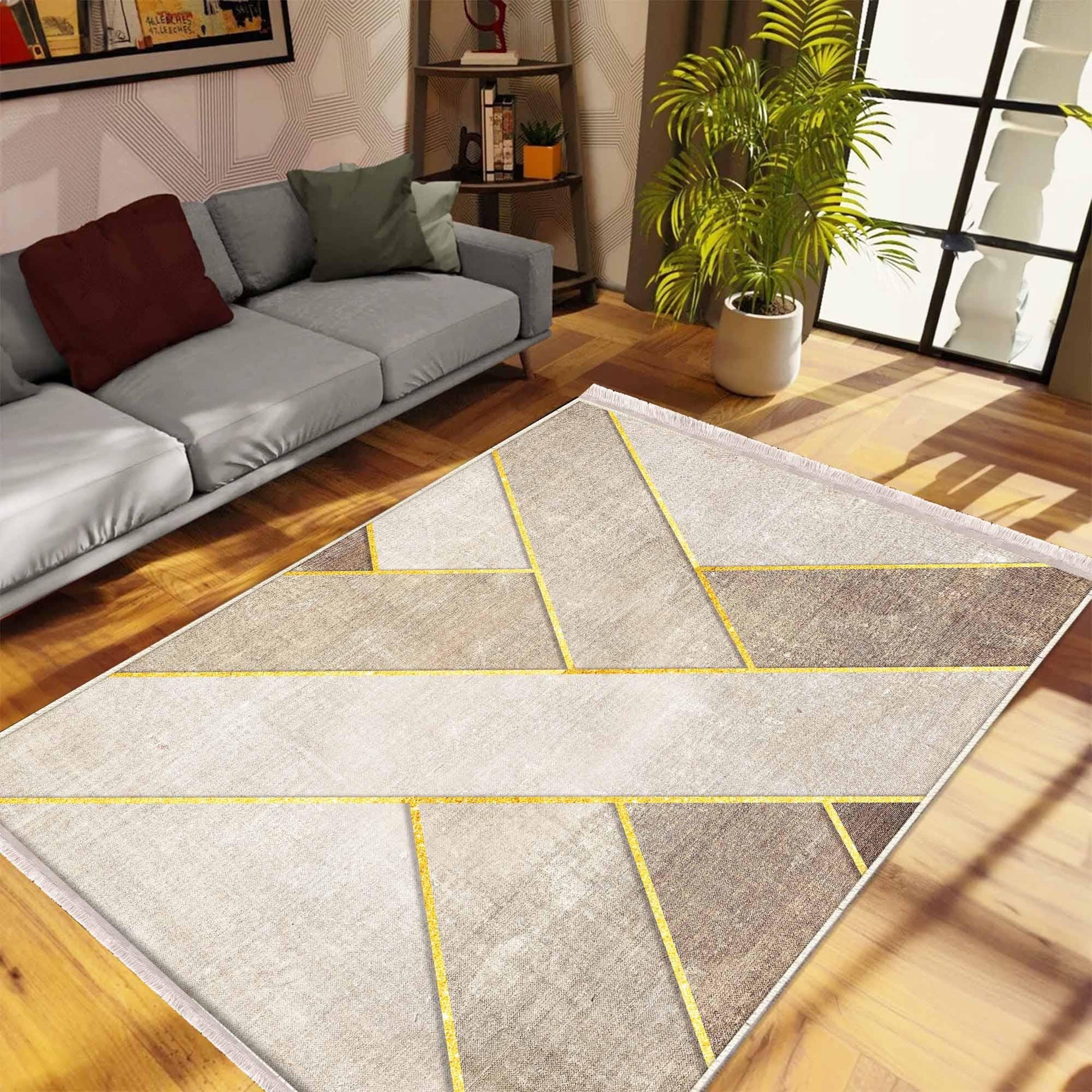 Brown Yellow Lines Geometric Design Area Rug Runner, Modern Accent Carpet, Unique Room Mat, Washable Anti-Slip Rug with pillow case gift