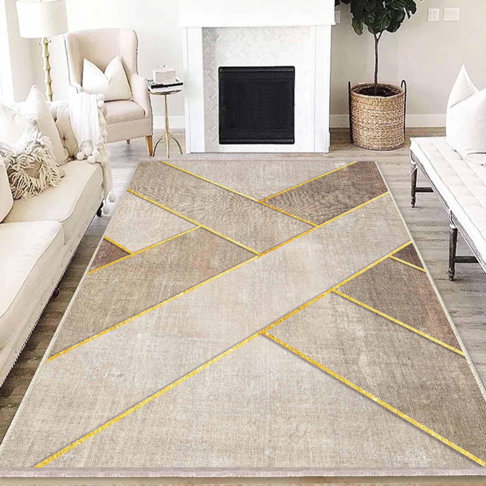 Brown Yellow Lines Geometric Design Area Rug Runner, Modern Accent Carpet, Unique Room Mat, Washable Anti-Slip Rug with pillow case gift