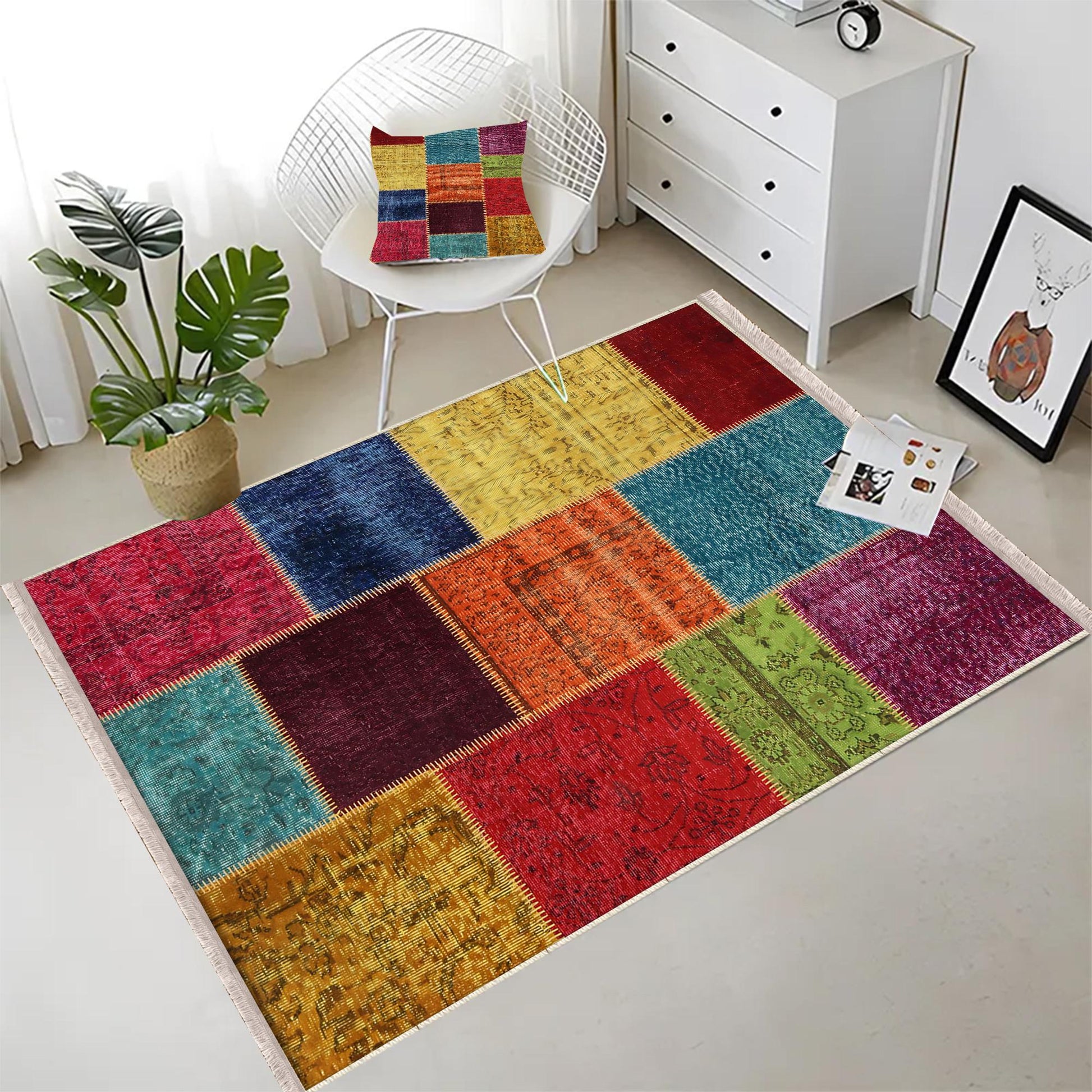 Colorful Patchwork Design Kilim Area Rug Runner, Boho Accent Carpet, Unique Room Mat, Washable Anti-Slip Rug with pillow case gift