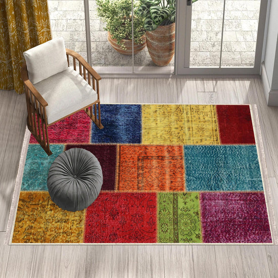 Colorful Patchwork Design Kilim Area Rug Runner, Boho Accent Carpet, Unique Room Mat, Washable Anti-Slip Rug with pillow case gift